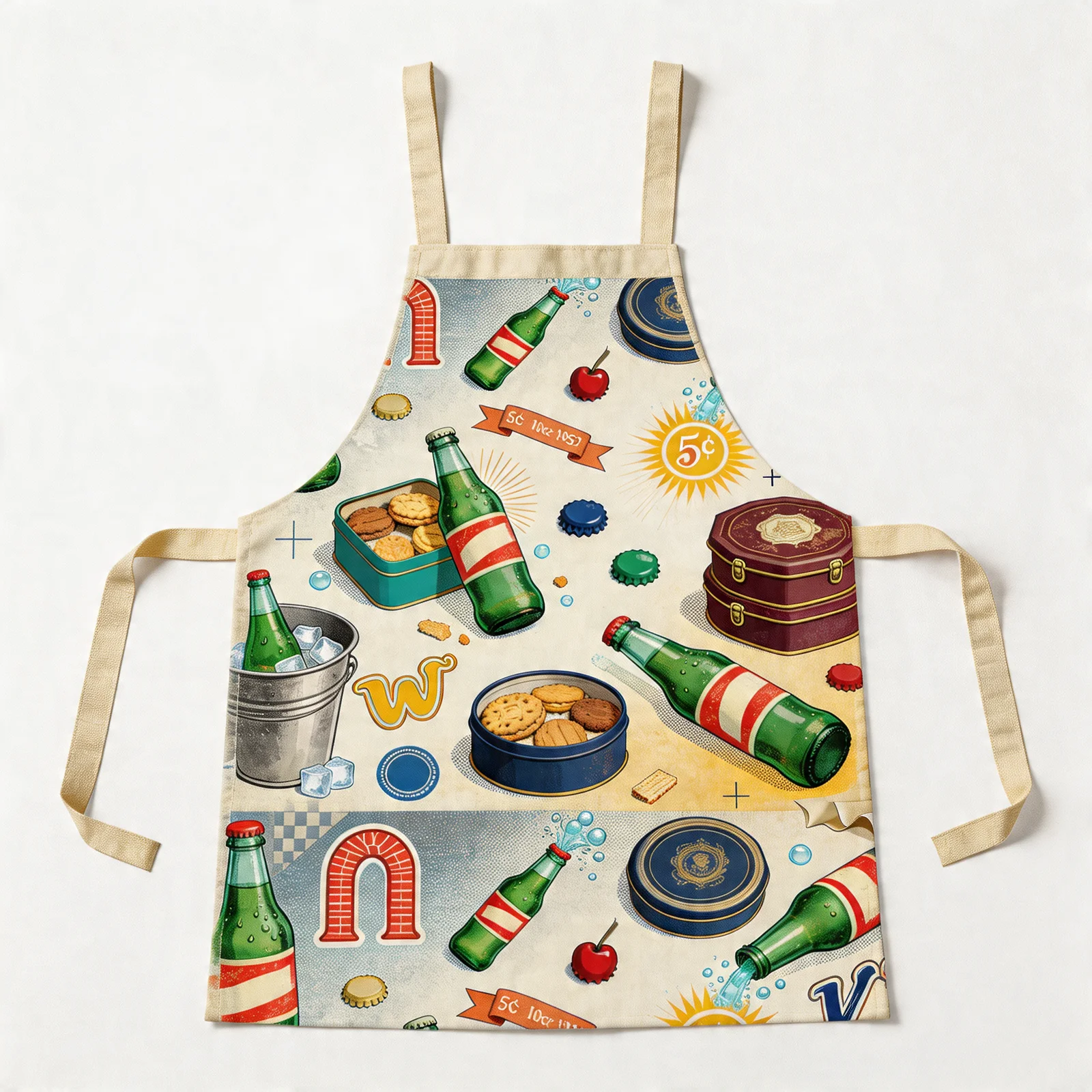 Vintage Soda & Cookie Tin Collage All-Over Print Apron — flat lay