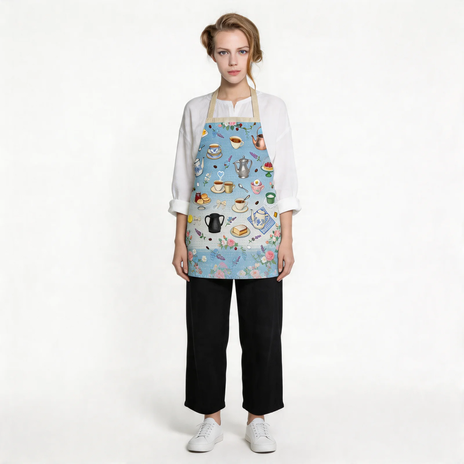 Victorian Coffee & Tea Chintz All-Over Print Apron — worn by model