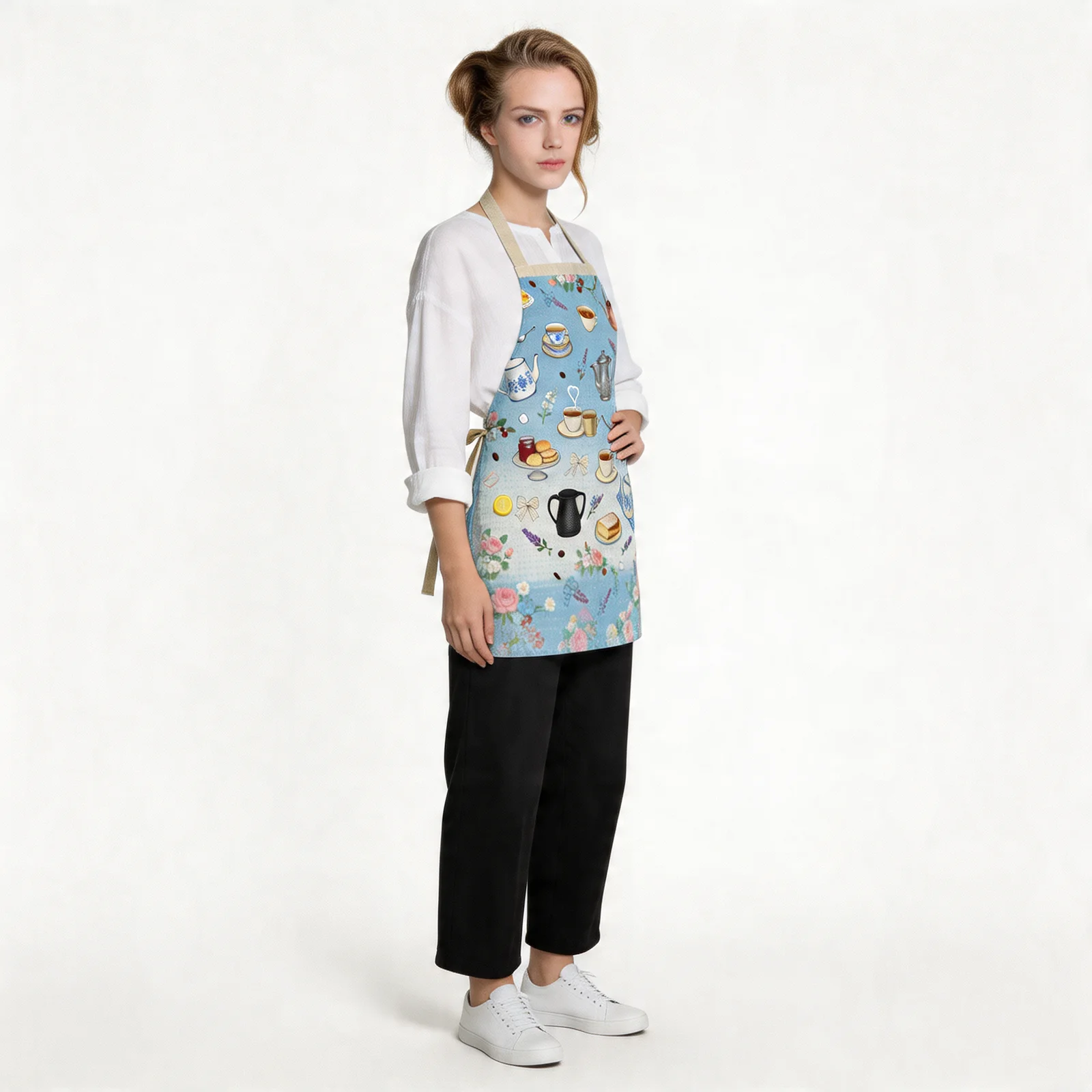 Victorian Coffee & Tea Chintz All-Over Print Apron — worn by model