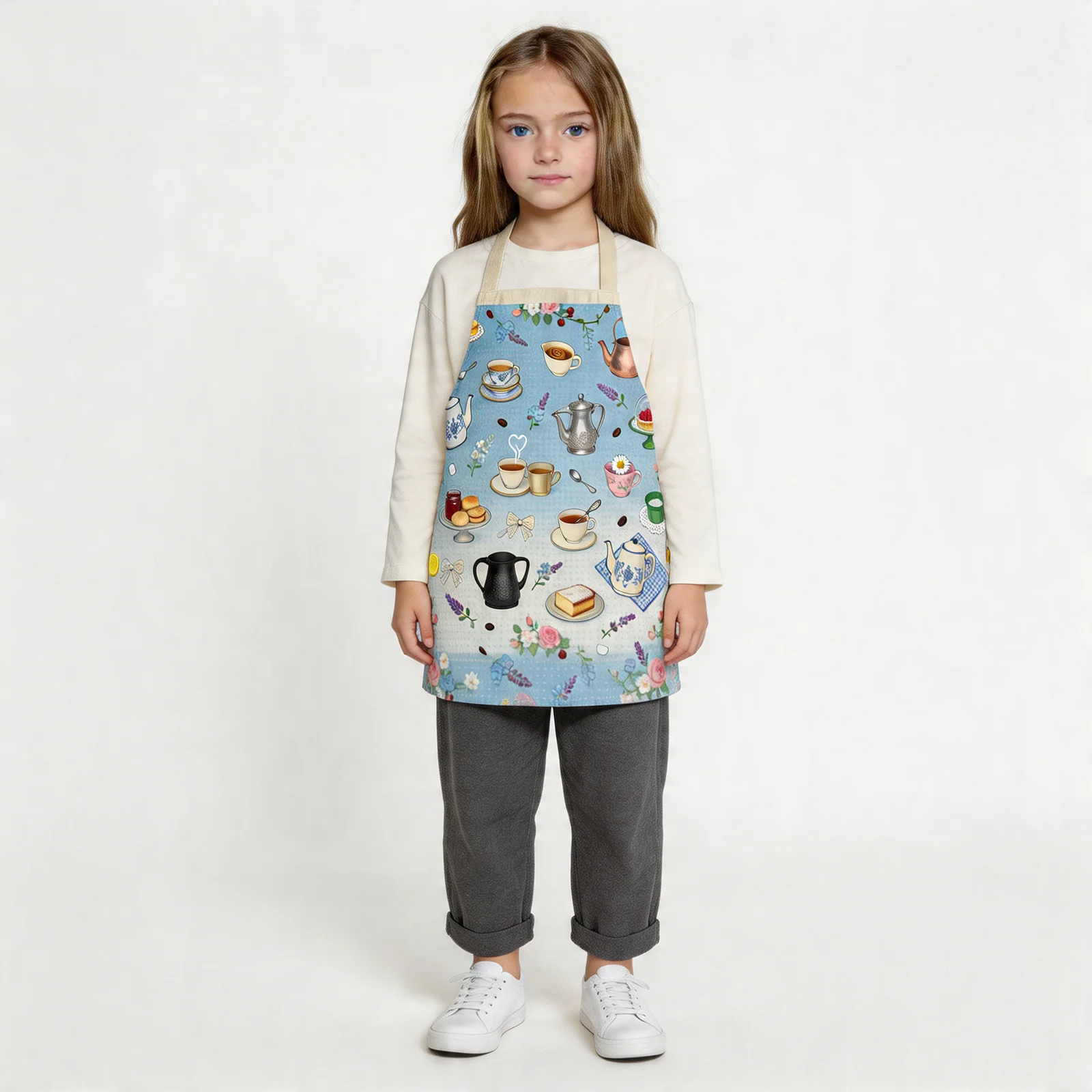 Victorian Coffee & Tea Chintz All-Over Print Apron — worn by young model
