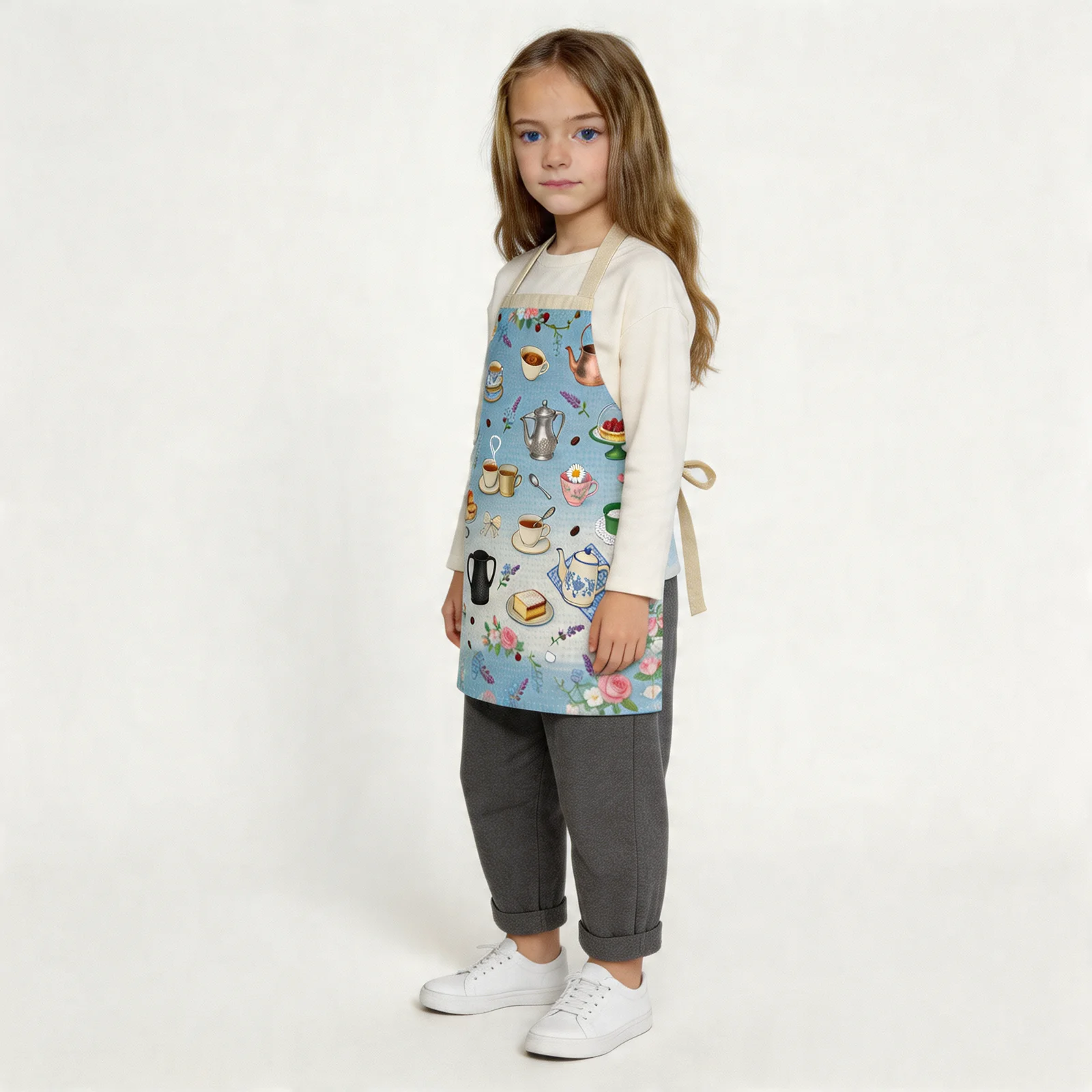 Victorian Coffee & Tea Chintz All-Over Print Apron — worn by young model