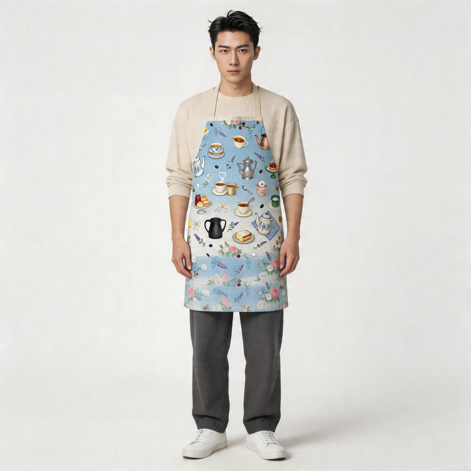 Victorian Coffee & Tea Chintz All-Over Print Apron — worn by model