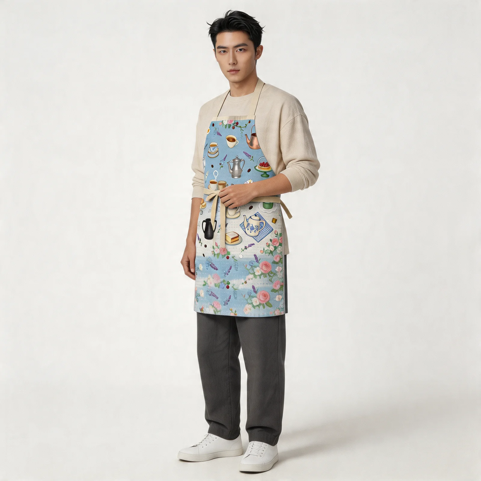 Victorian Coffee & Tea Chintz All-Over Print Apron — worn by model