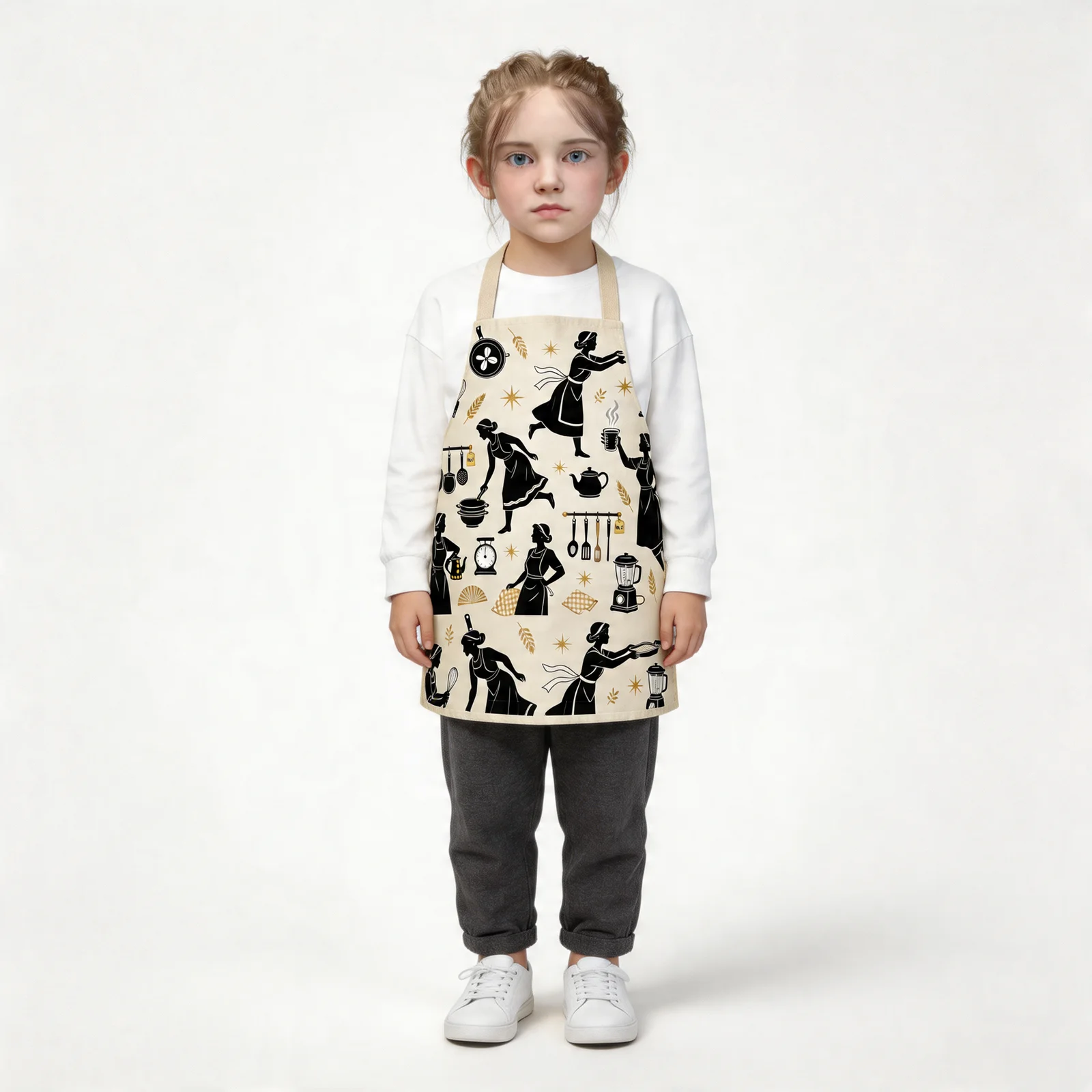 Art Deco Kitchen Silhouettes All-Over Print Apron — worn by young model