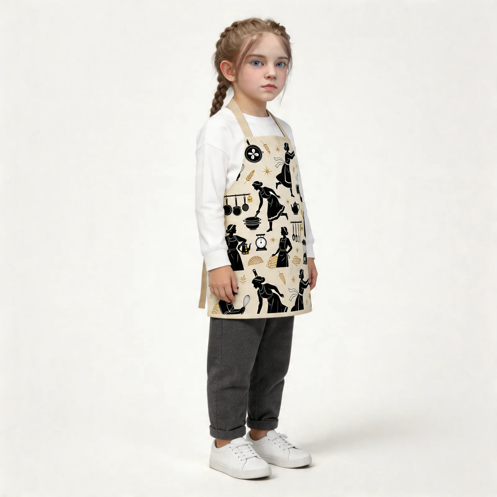 Art Deco Kitchen Silhouettes All-Over Print Apron — worn by young model