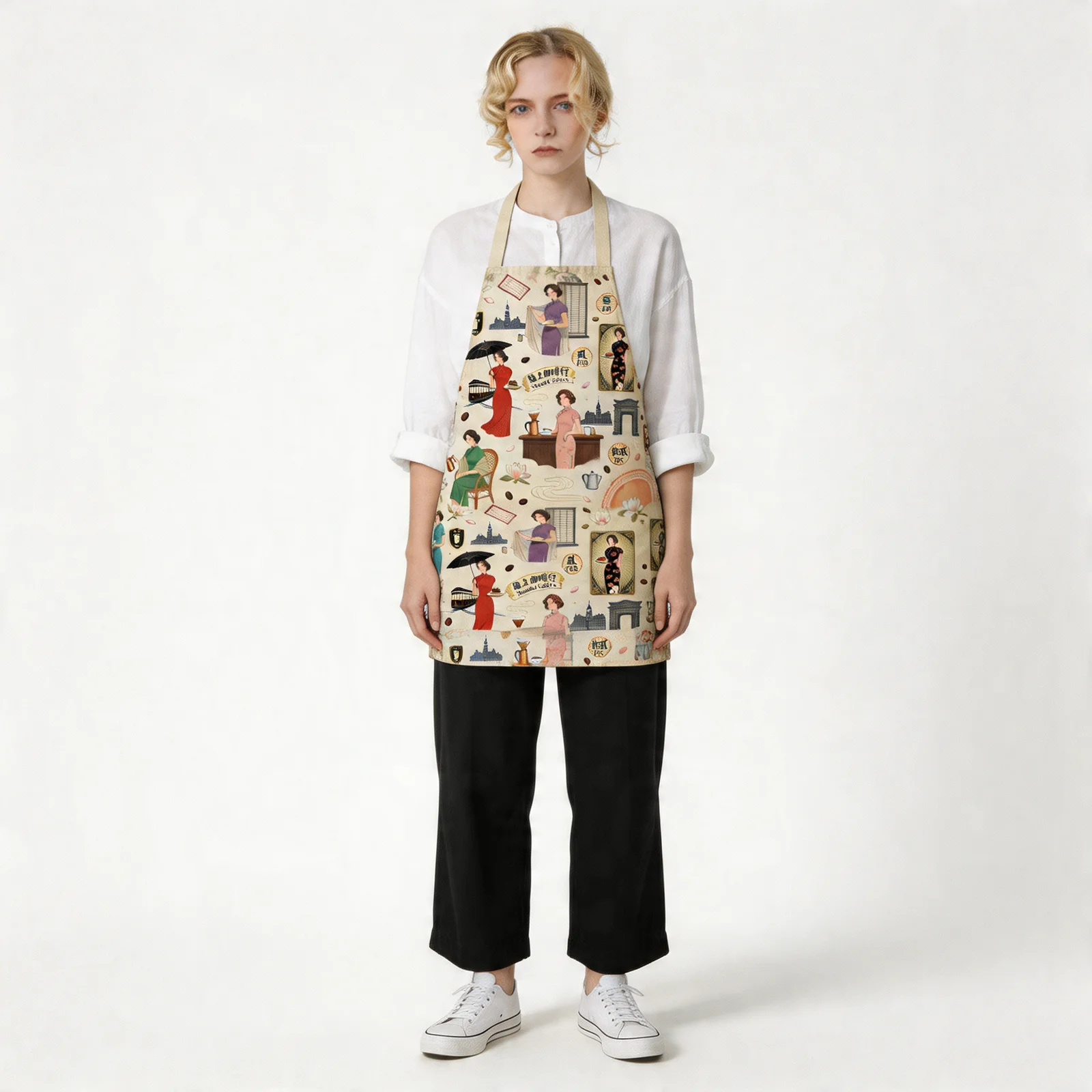 Old Shanghai Cheongsam & Coffee All-Over Print Apron — worn by model