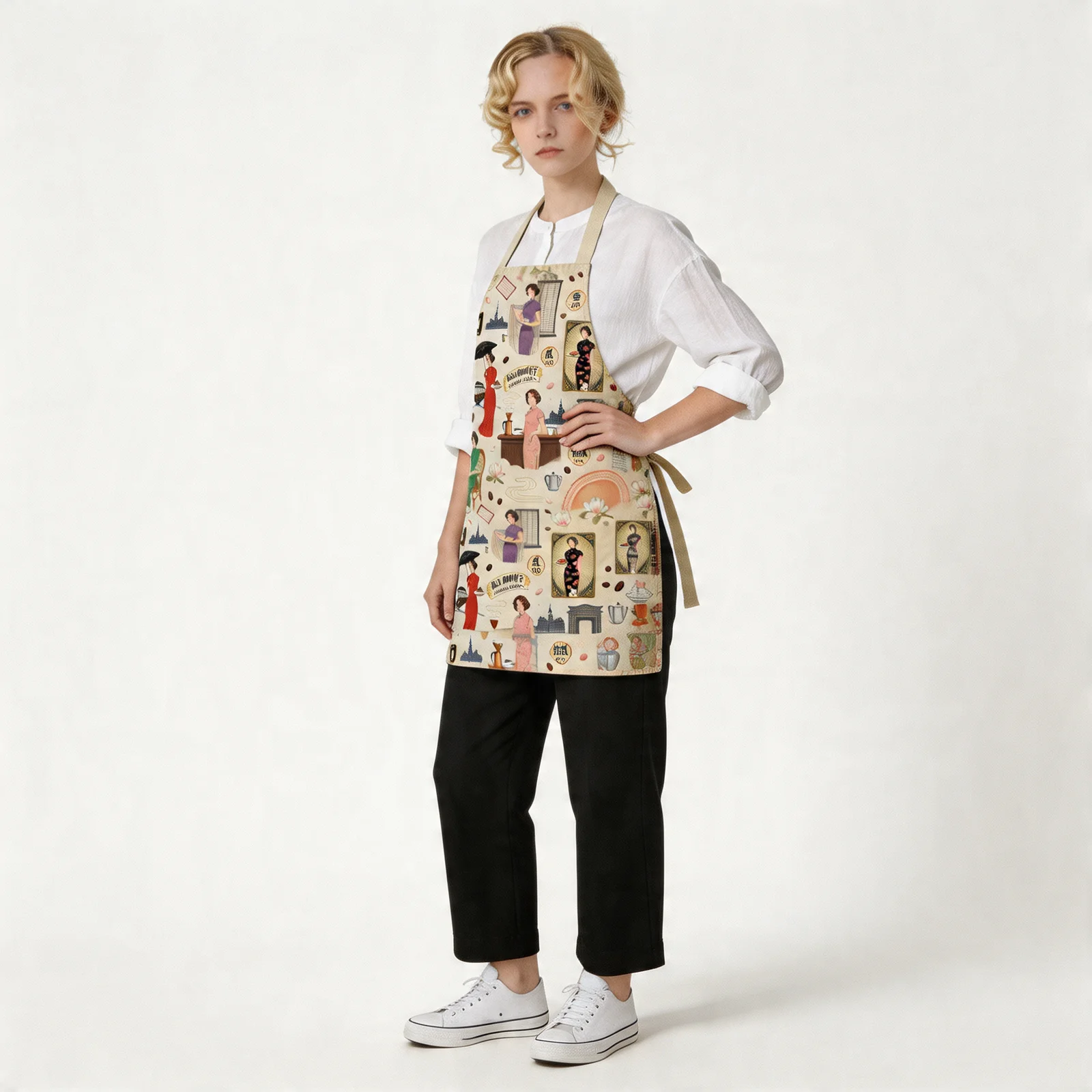Old Shanghai Cheongsam & Coffee All-Over Print Apron — worn by model