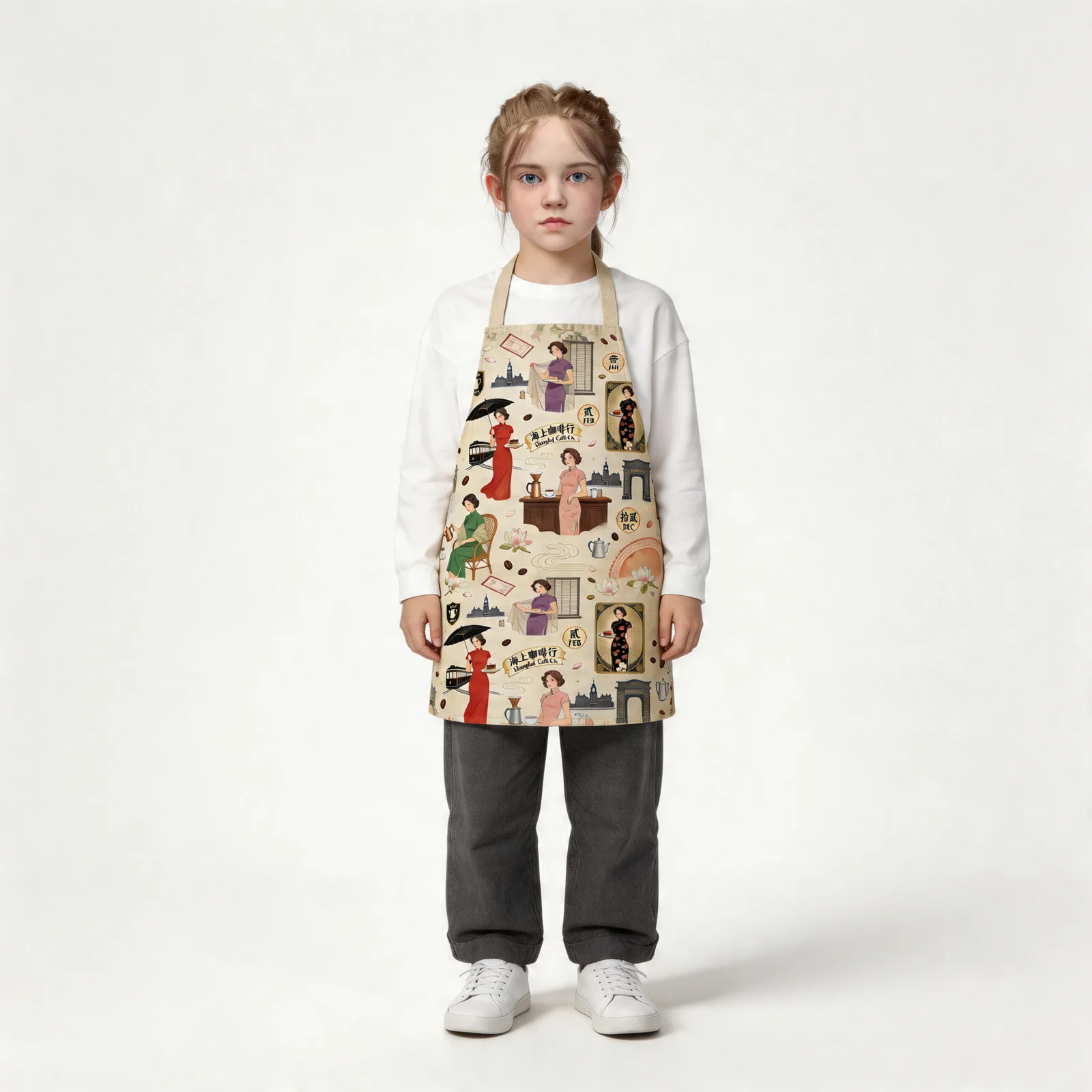 Old Shanghai Cheongsam & Coffee All-Over Print Apron — worn by young model