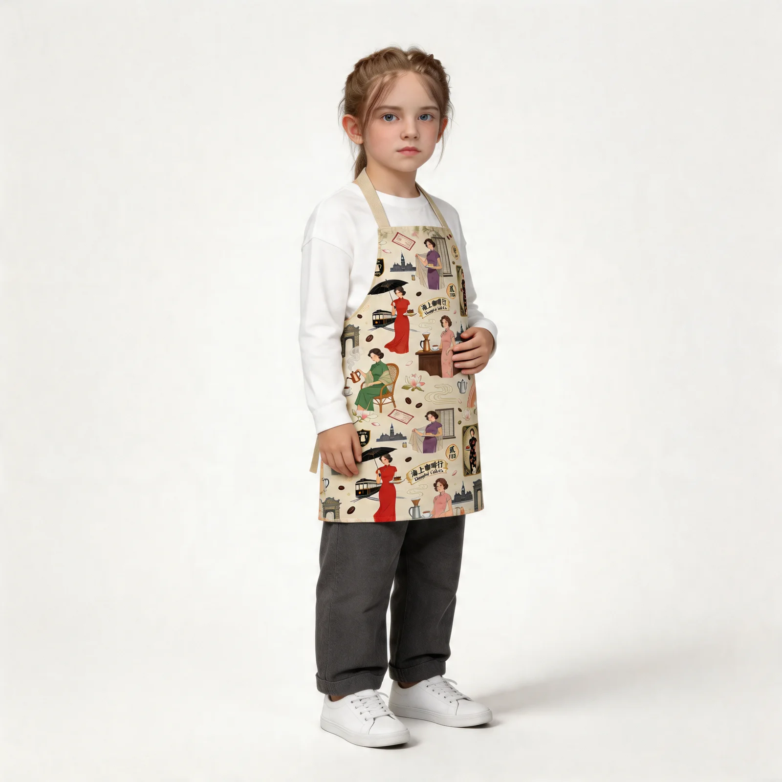 Old Shanghai Cheongsam & Coffee All-Over Print Apron — worn by young model