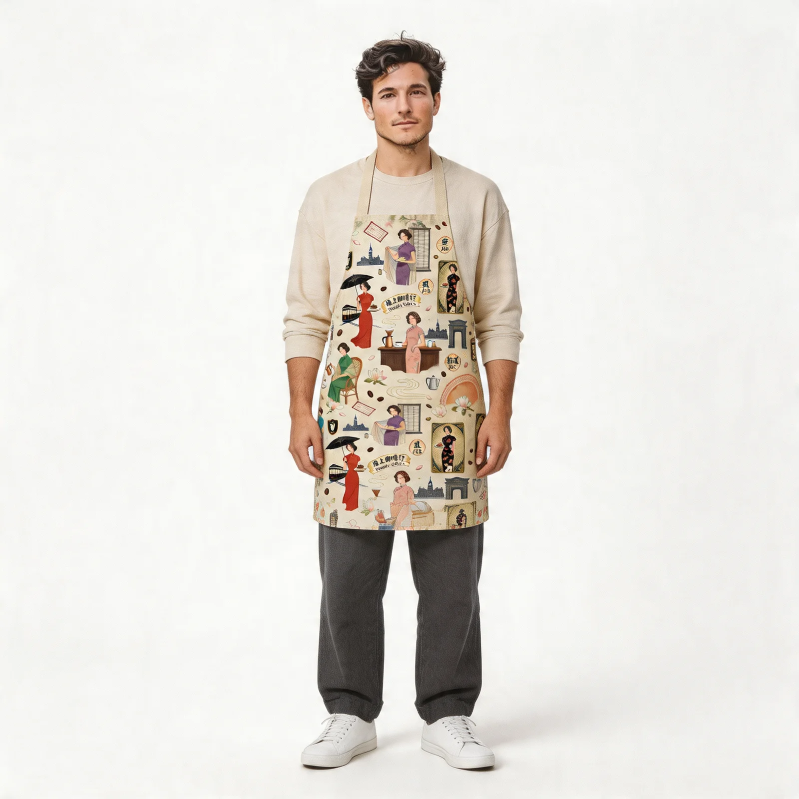 Old Shanghai Cheongsam & Coffee All-Over Print Apron — worn by model