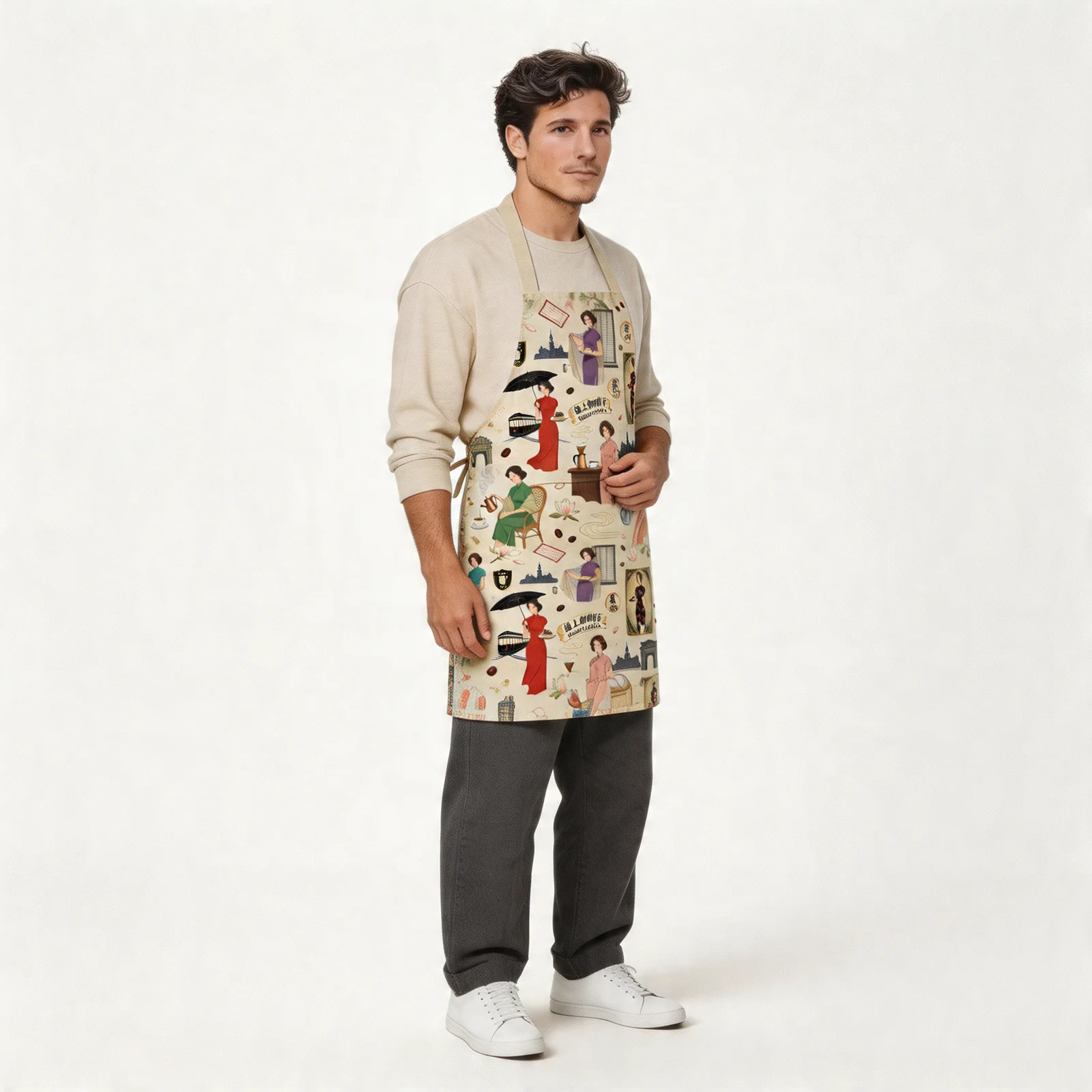 Old Shanghai Cheongsam & Coffee All-Over Print Apron — worn by model