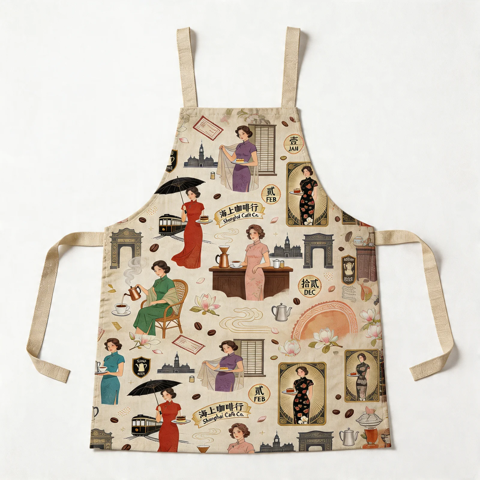Old Shanghai Cheongsam & Coffee All-Over Print Apron — flat lay
