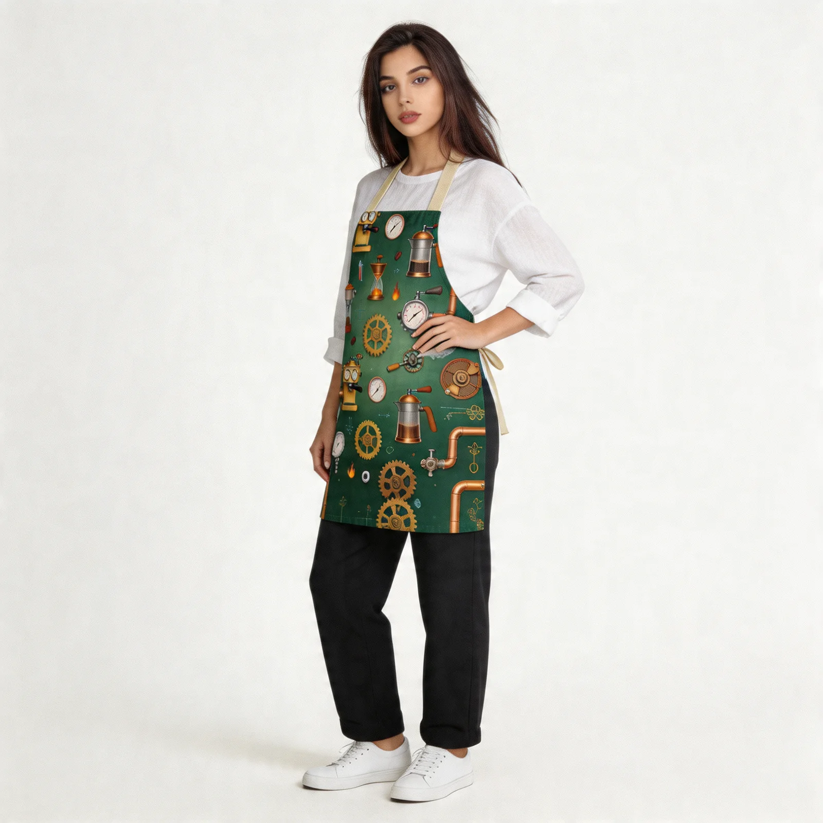 Steampunk Coffee Kitchen All-Over Print Apron — worn by model