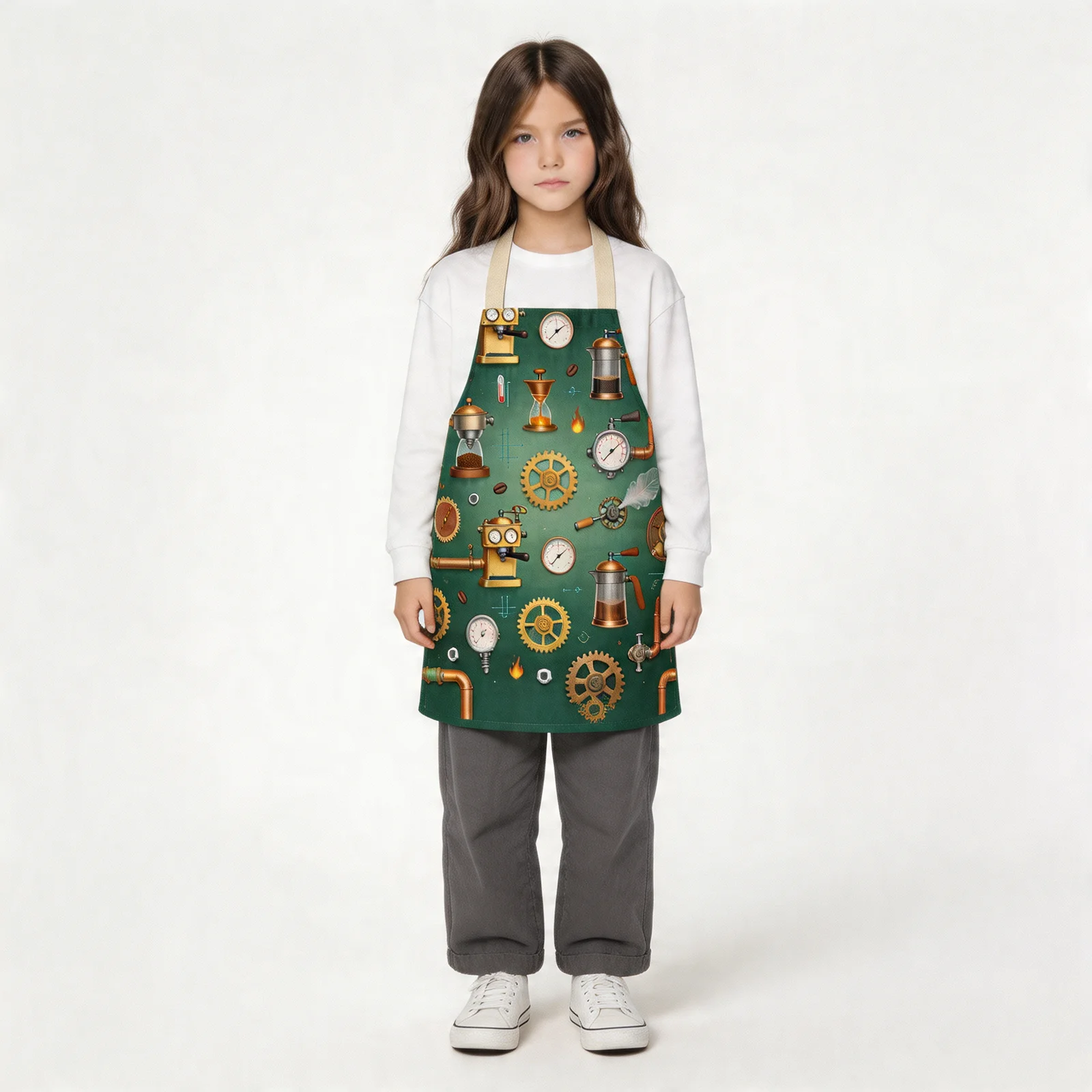 Steampunk Coffee Kitchen All-Over Print Apron — worn by young model