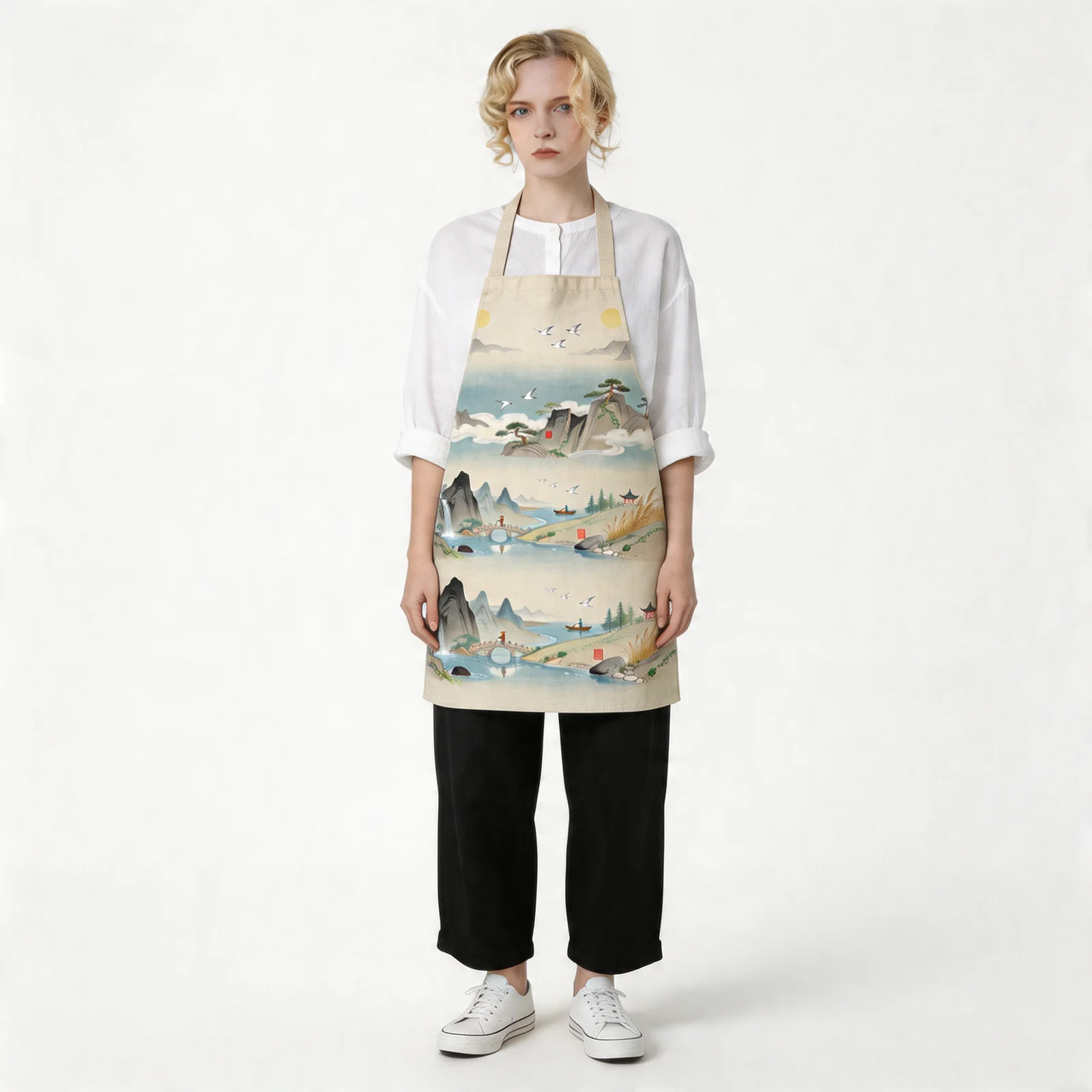 Ink-Wash Mountain Scroll All-Over Print Apron — worn by model