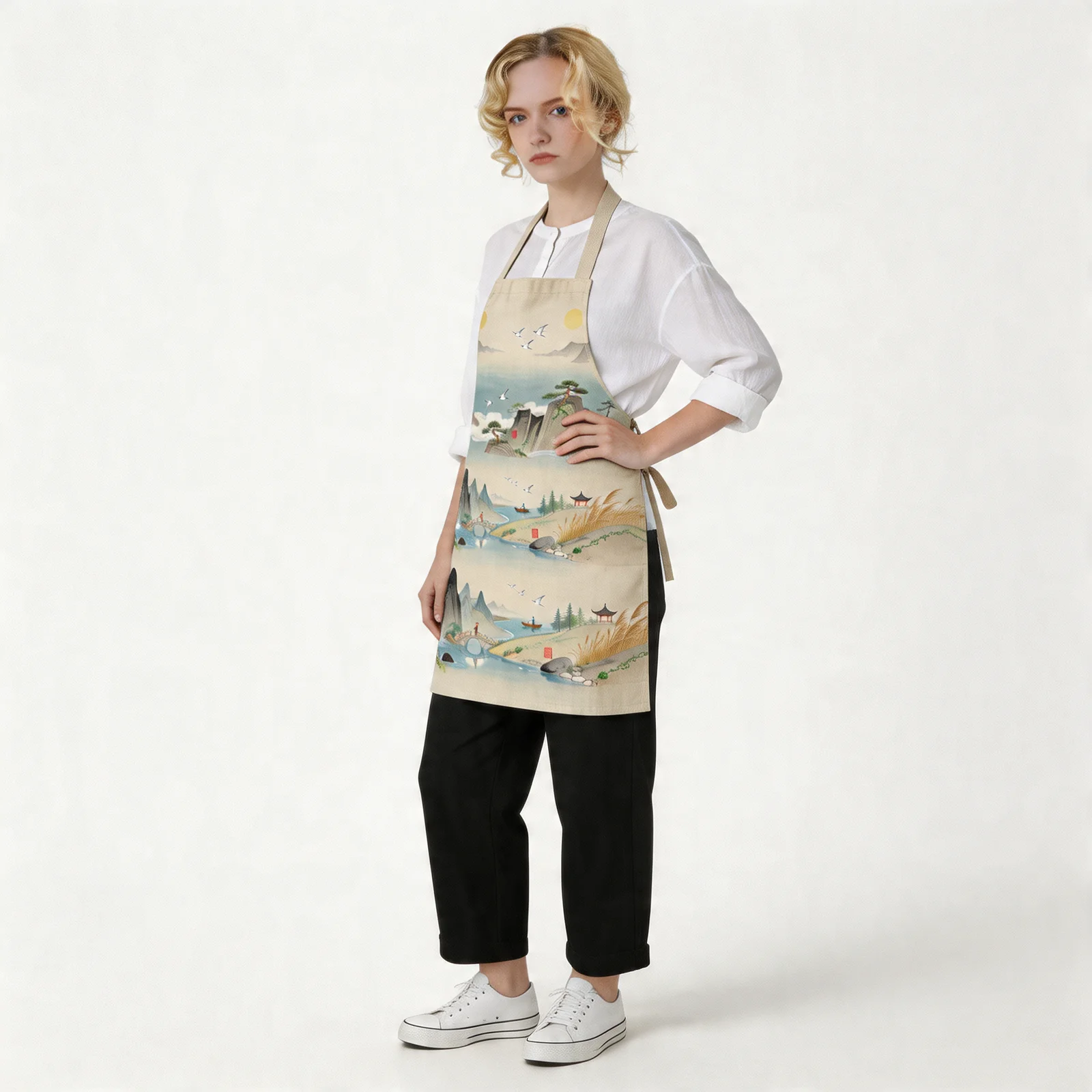 Ink-Wash Mountain Scroll All-Over Print Apron — worn by model