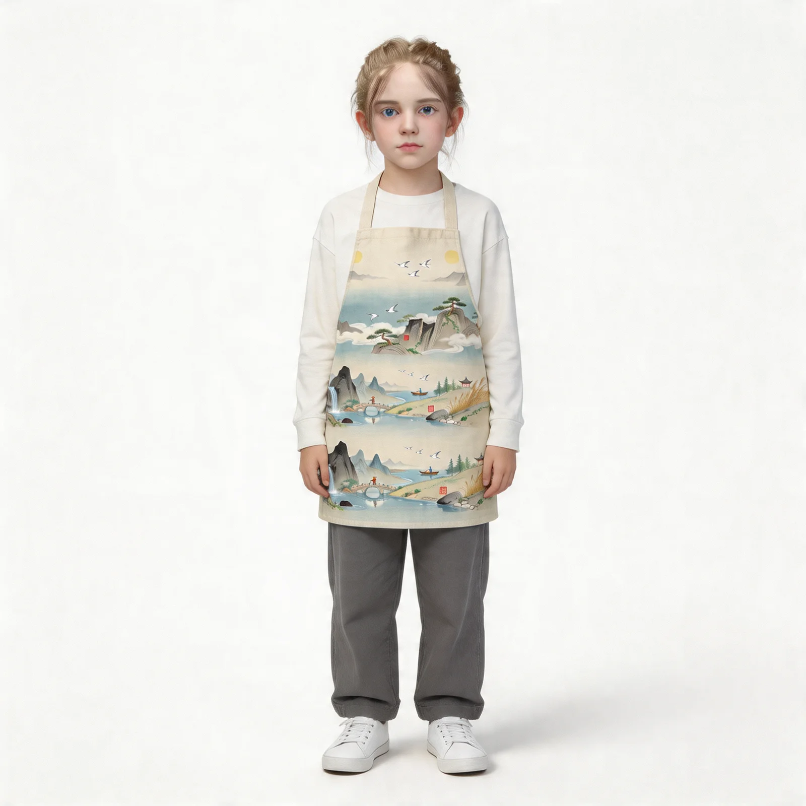 Ink-Wash Mountain Scroll All-Over Print Apron — worn by young model
