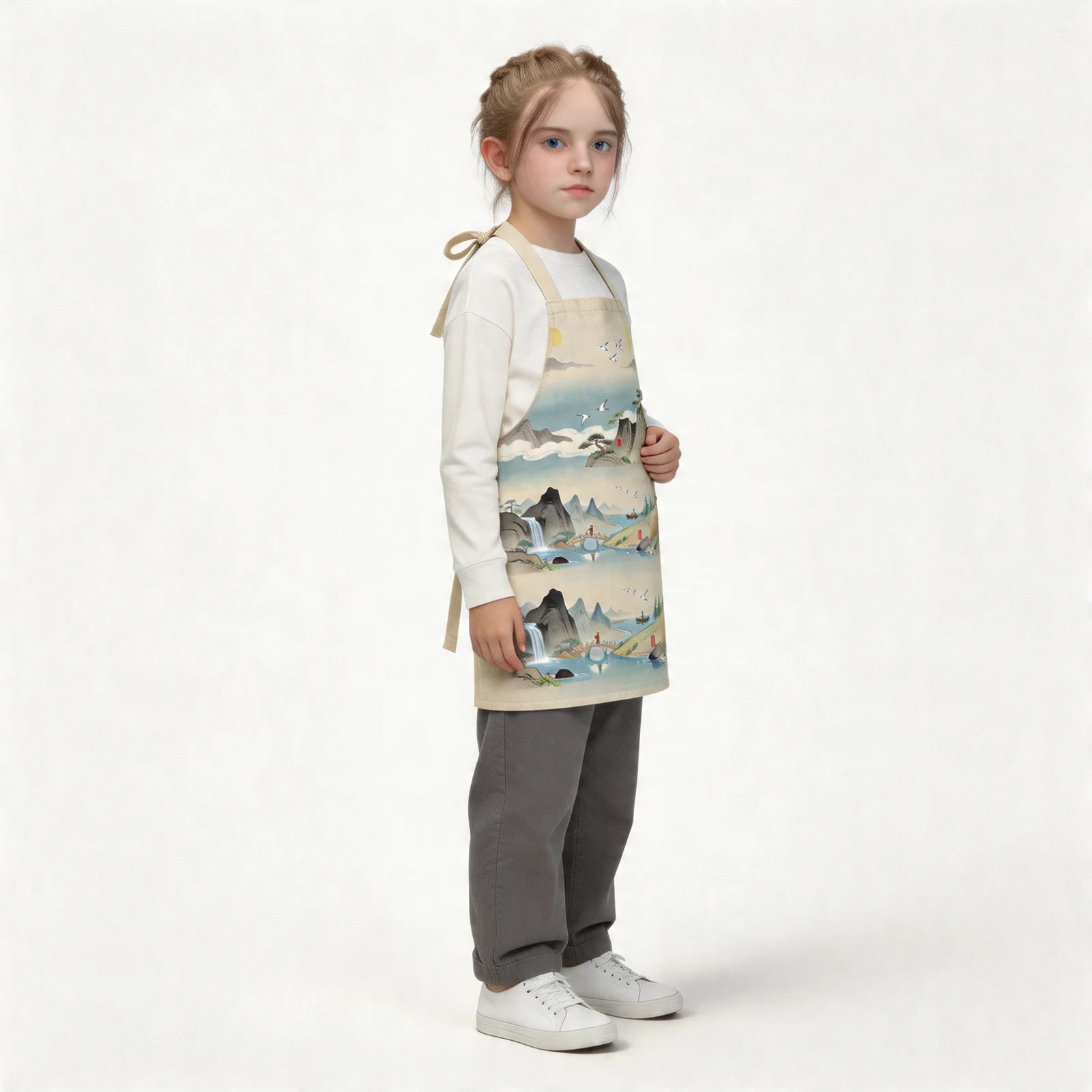 Ink-Wash Mountain Scroll All-Over Print Apron — worn by young model