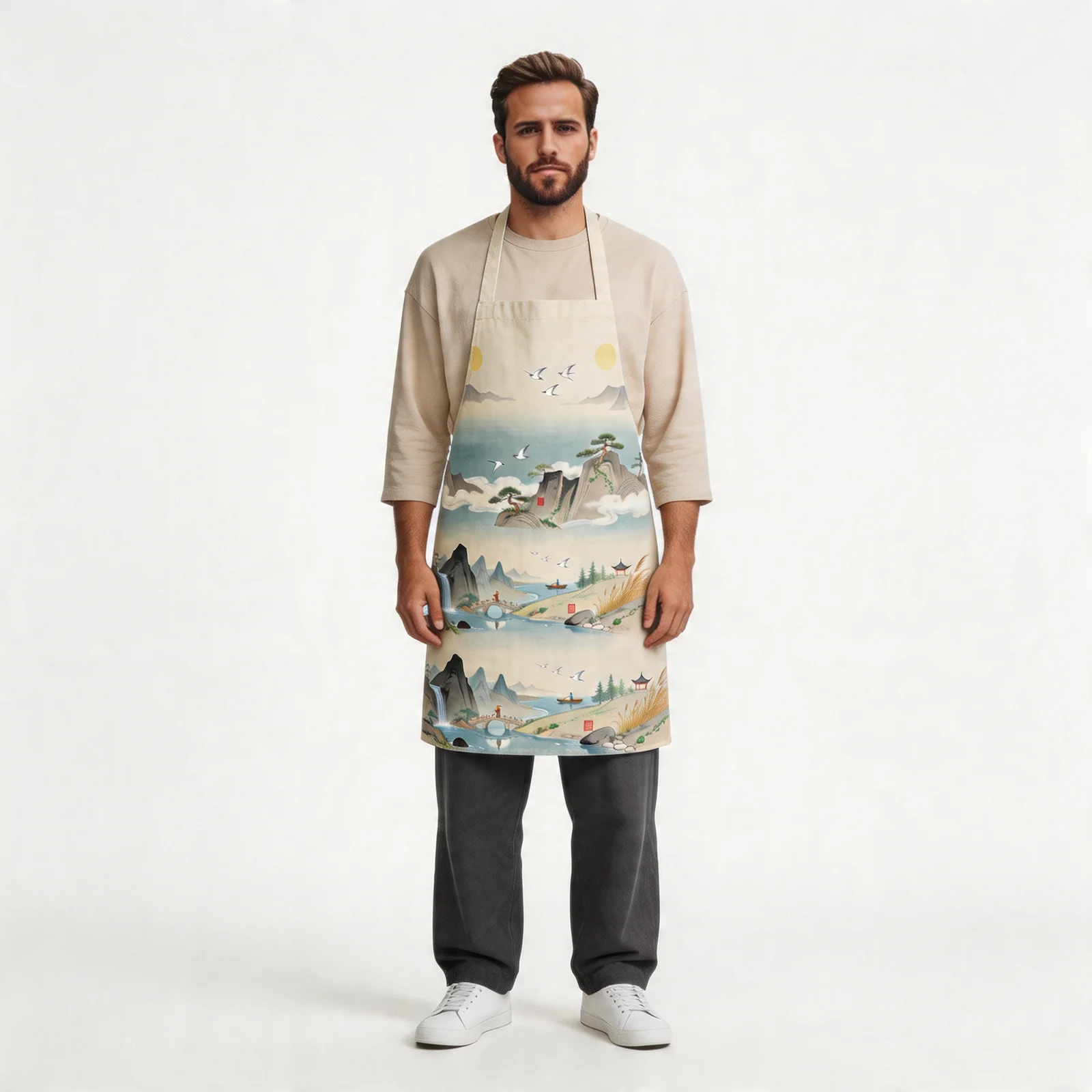 Ink-Wash Mountain Scroll All-Over Print Apron — worn by model