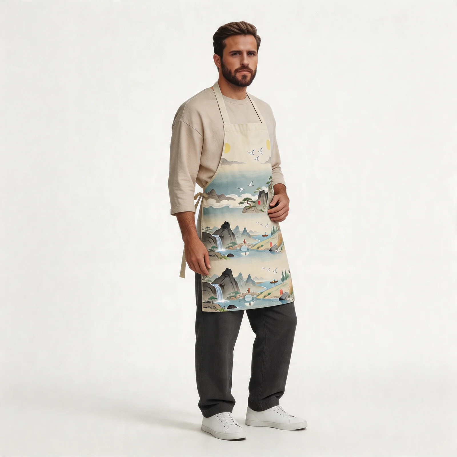 Ink-Wash Mountain Scroll All-Over Print Apron — worn by model