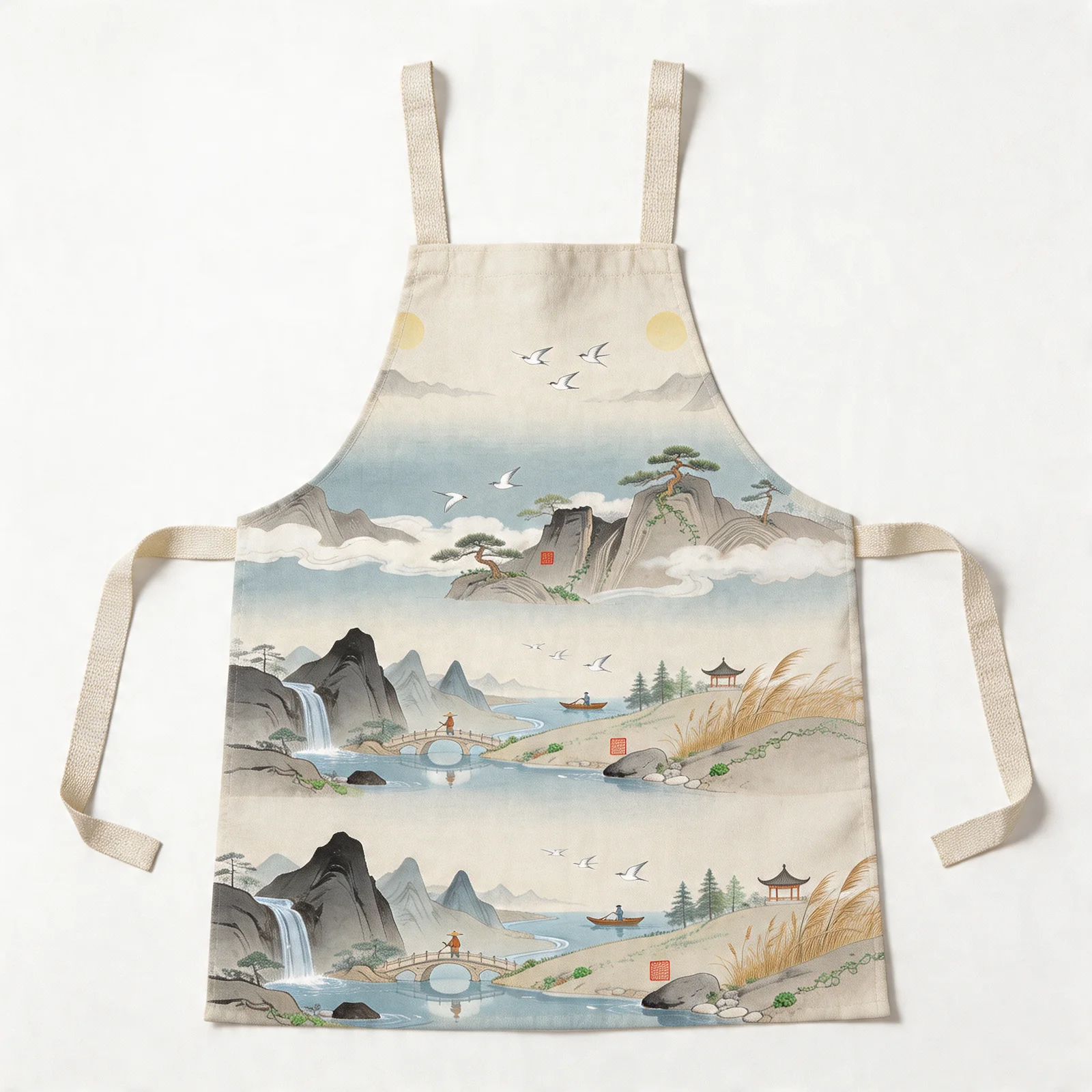 Ink-Wash Mountain Scroll All-Over Print Apron — flat lay