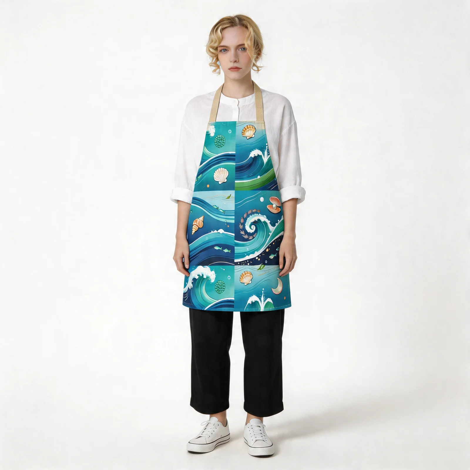 Azure Ocean Waves All-Over Print Apron — worn by model