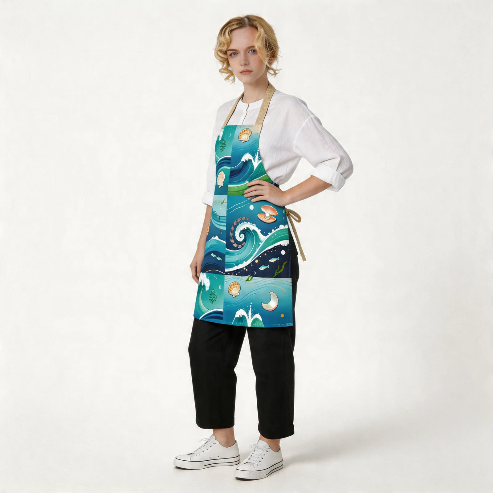 Azure Ocean Waves All-Over Print Apron — worn by model
