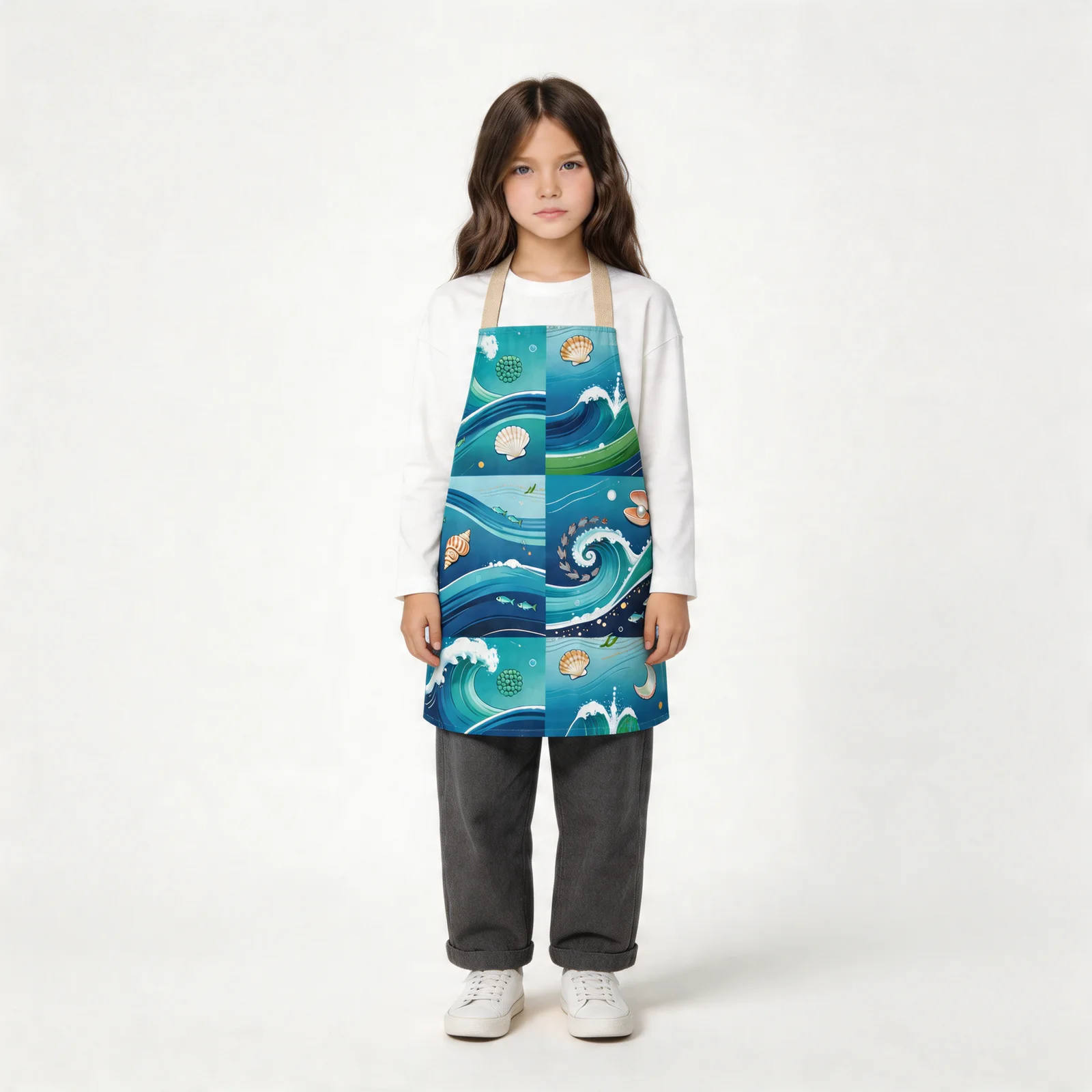 Azure Ocean Waves All-Over Print Apron — worn by young model