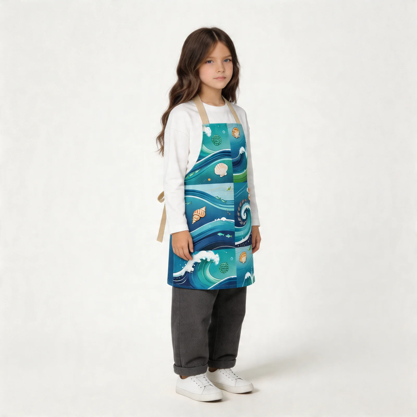 Azure Ocean Waves All-Over Print Apron — worn by young model