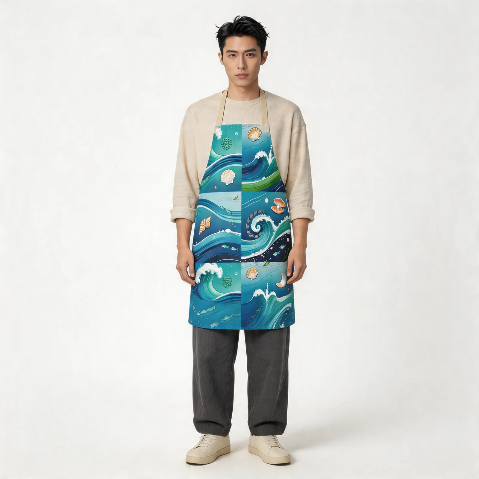 Azure Ocean Waves All-Over Print Apron — worn by model