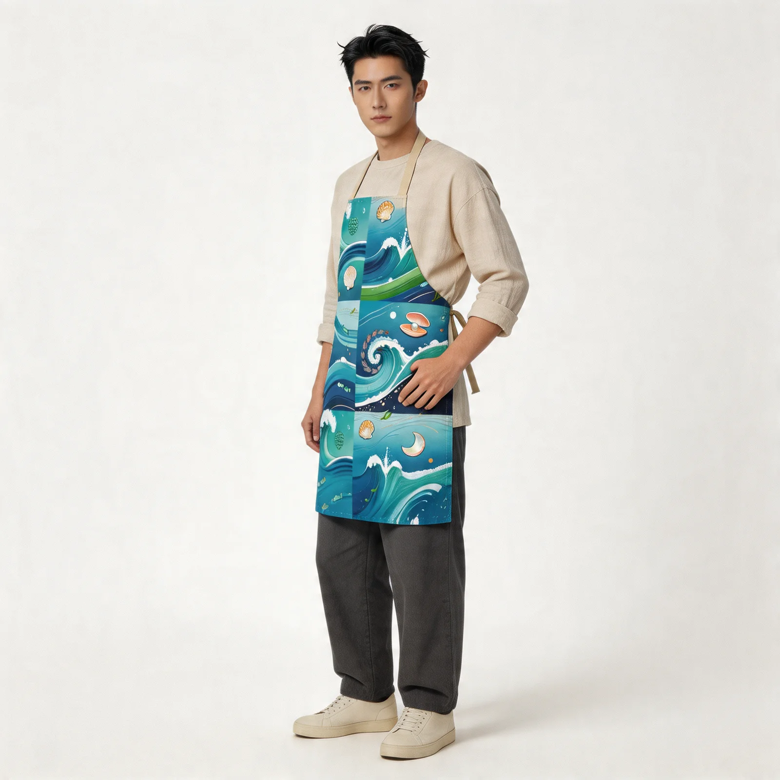 Azure Ocean Waves All-Over Print Apron — worn by model