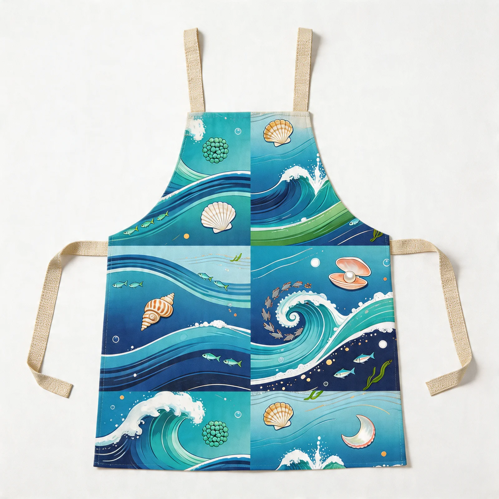Azure Ocean Waves All-Over Print Apron — flat lay