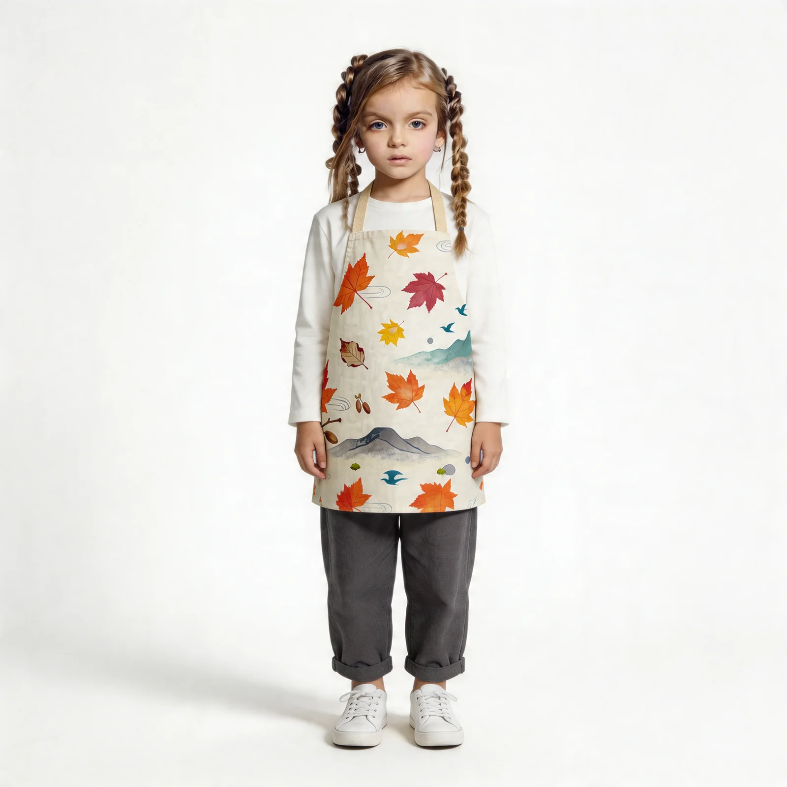 Autumn Maple Cascade All-Over Print Apron — worn by young model