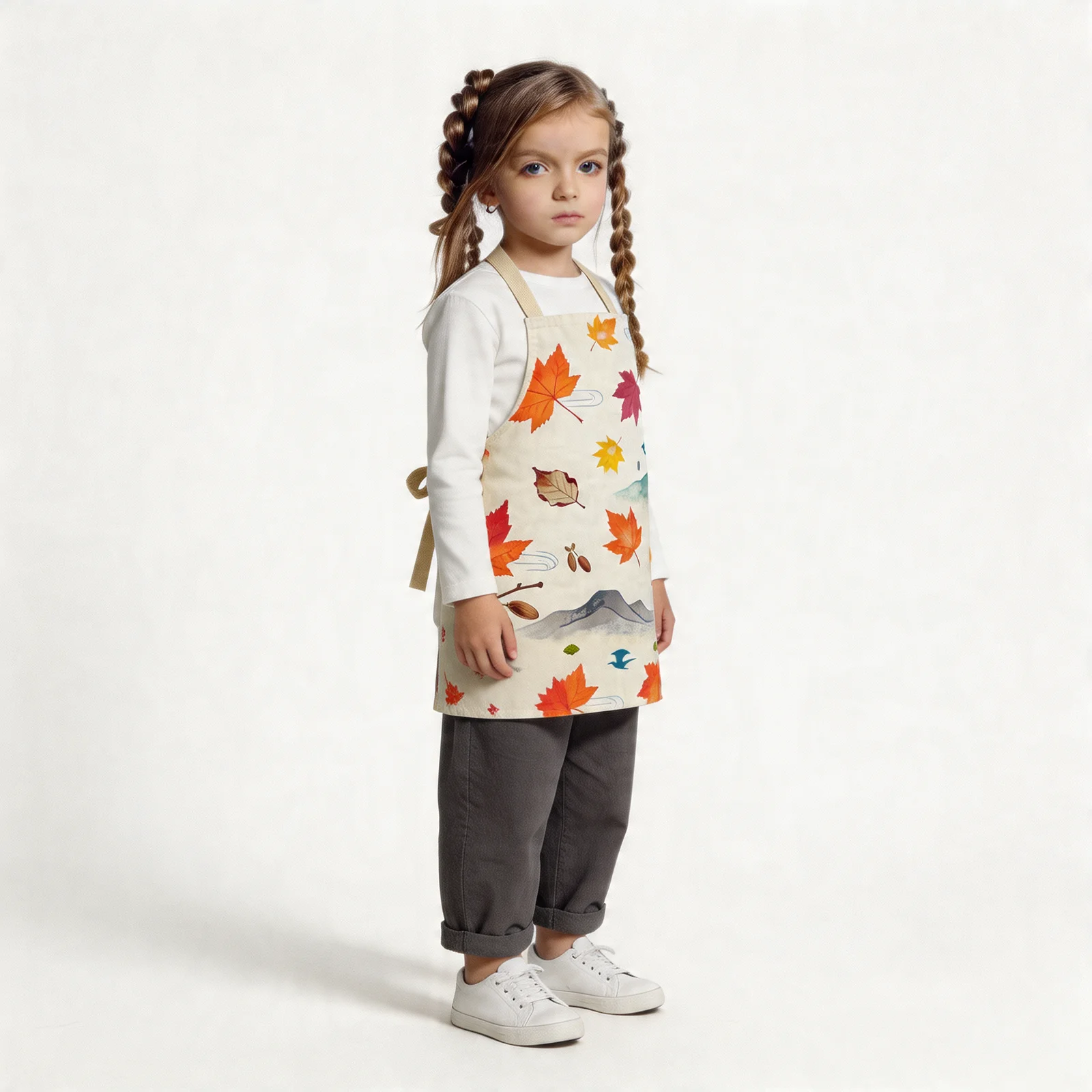 Autumn Maple Cascade All-Over Print Apron — worn by young model