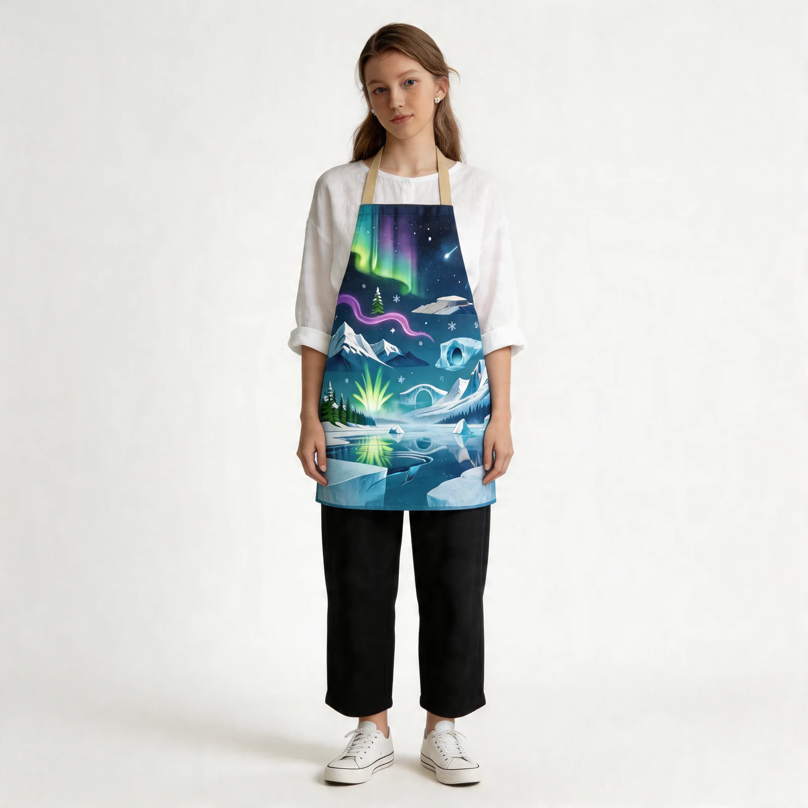 Aurora Icefield All-Over Print Apron — worn by model