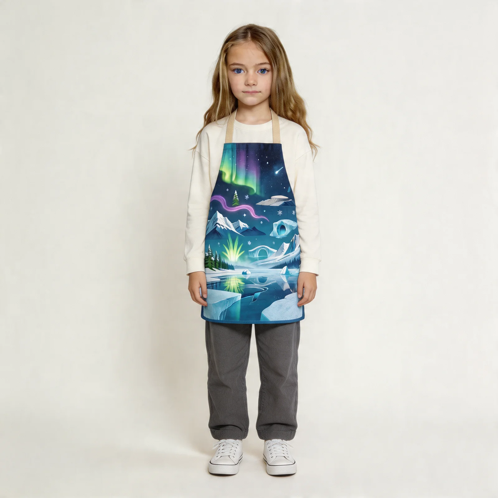 Aurora Icefield All-Over Print Apron — worn by young model