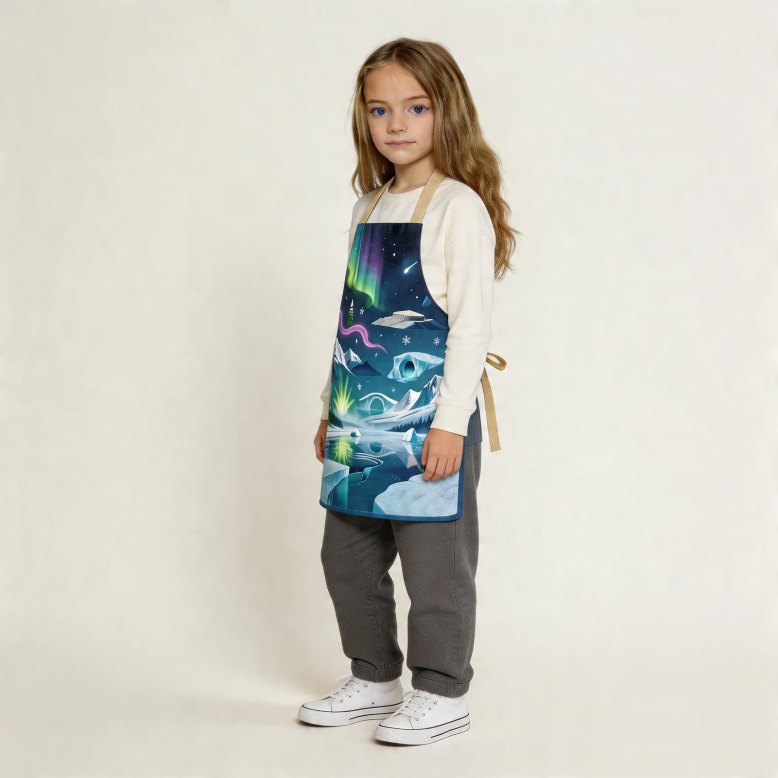 Aurora Icefield All-Over Print Apron — worn by young model