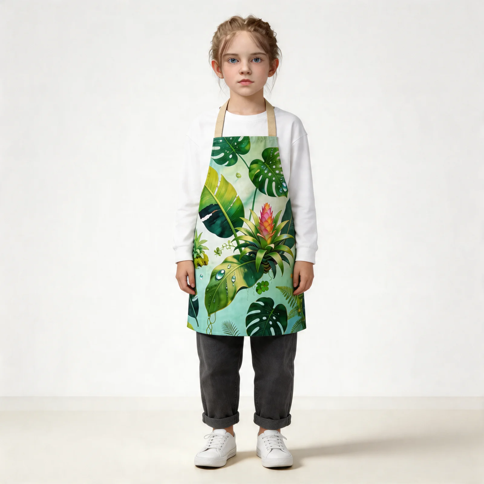 Tropical Rainforest Morning Dew All-Over Print Apron — worn by young model