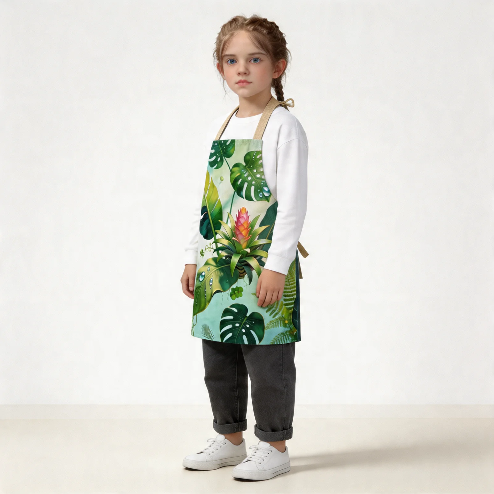 Tropical Rainforest Morning Dew All-Over Print Apron — worn by young model