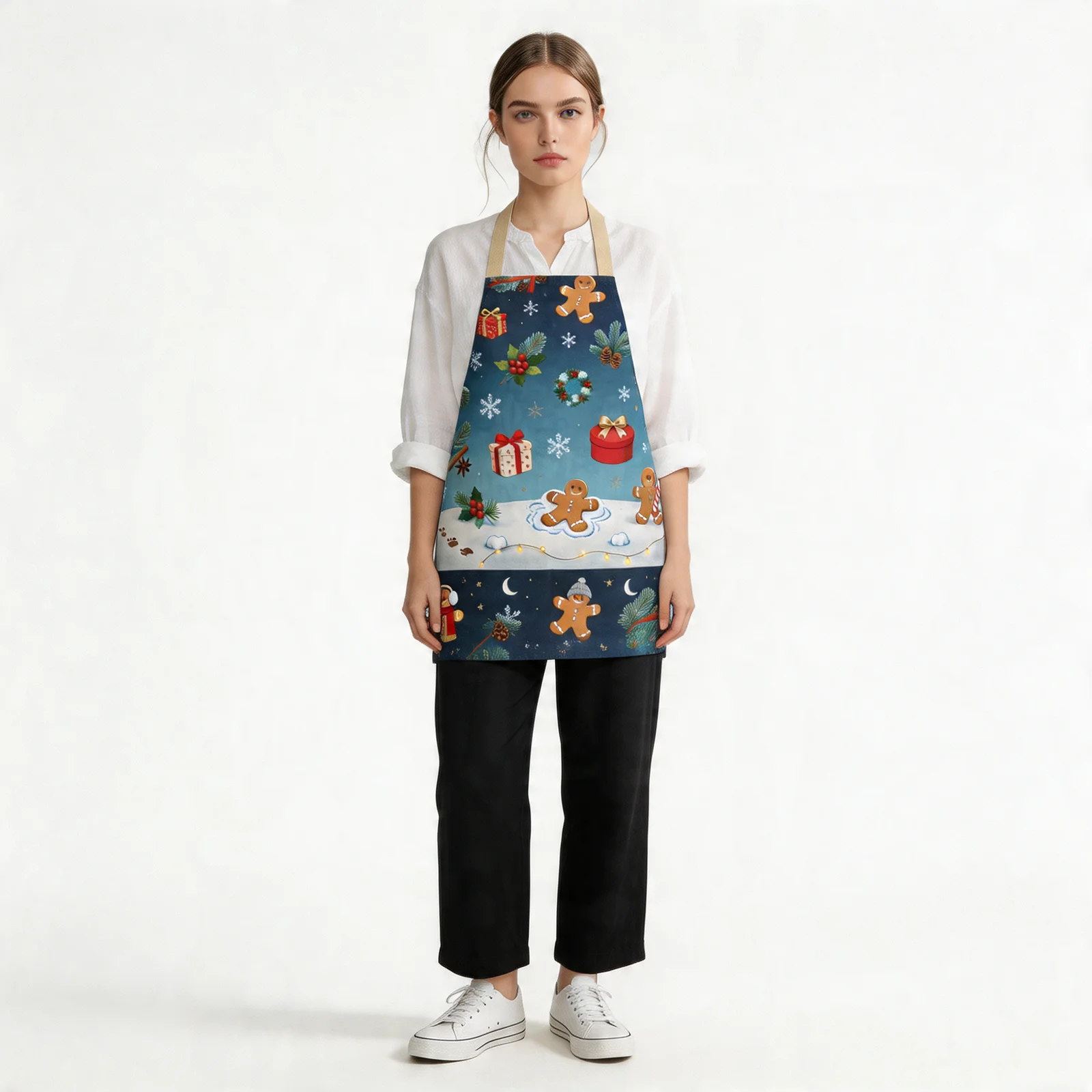 Cozy Christmas Snowy Night All-Over Print Apron — worn by model