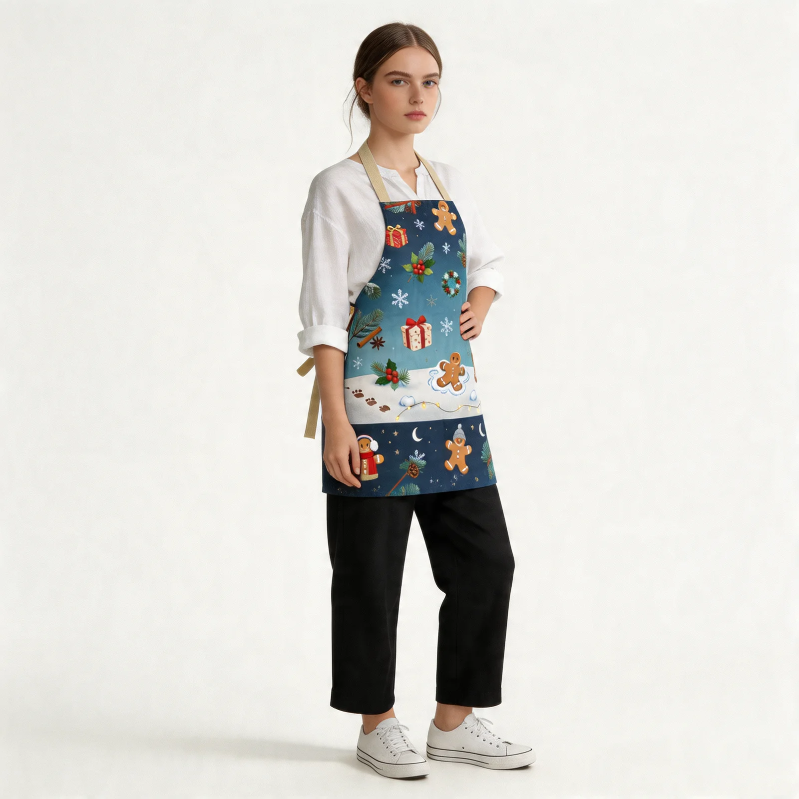 Cozy Christmas Snowy Night All-Over Print Apron — worn by model