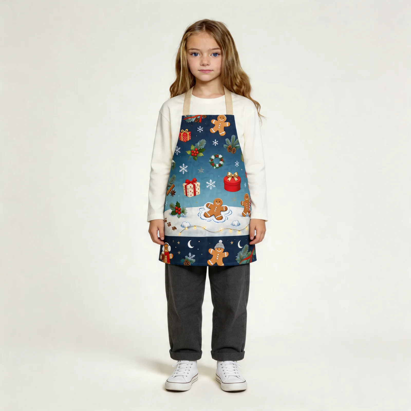 Cozy Christmas Snowy Night All-Over Print Apron — worn by young model