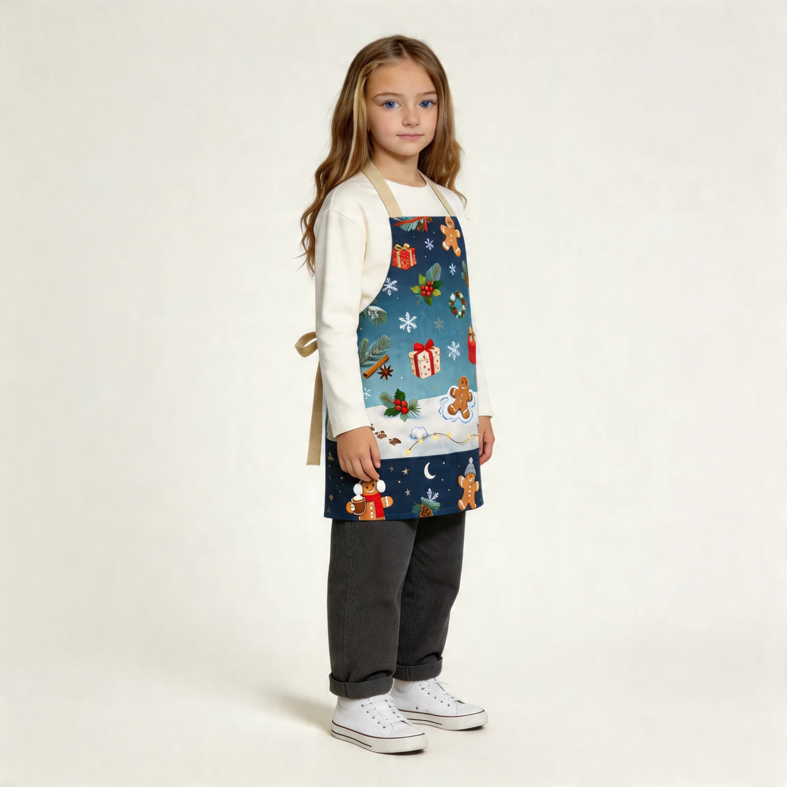 Cozy Christmas Snowy Night All-Over Print Apron — worn by young model