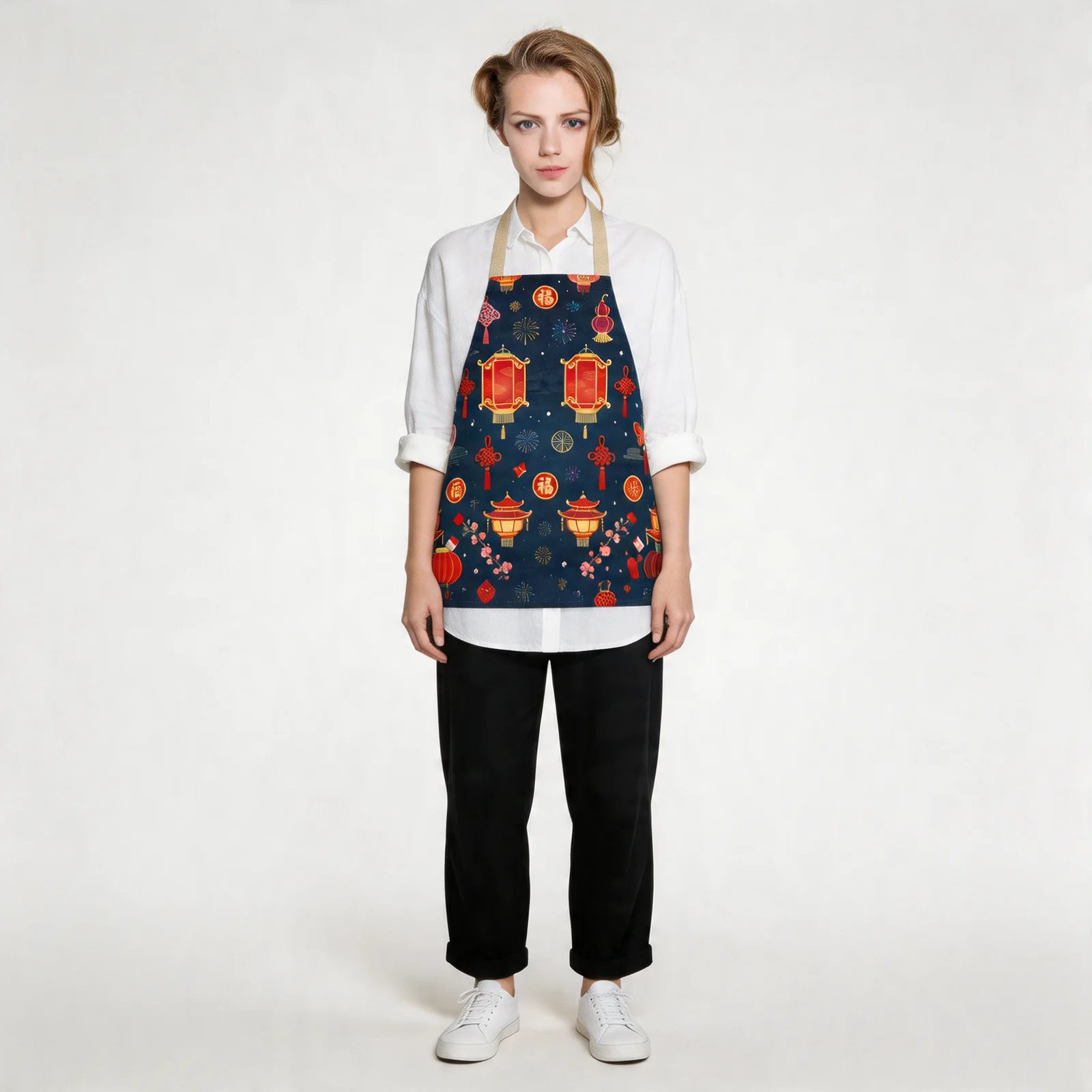 Festive Lunar Lanterns All-Over Print Apron — worn by model