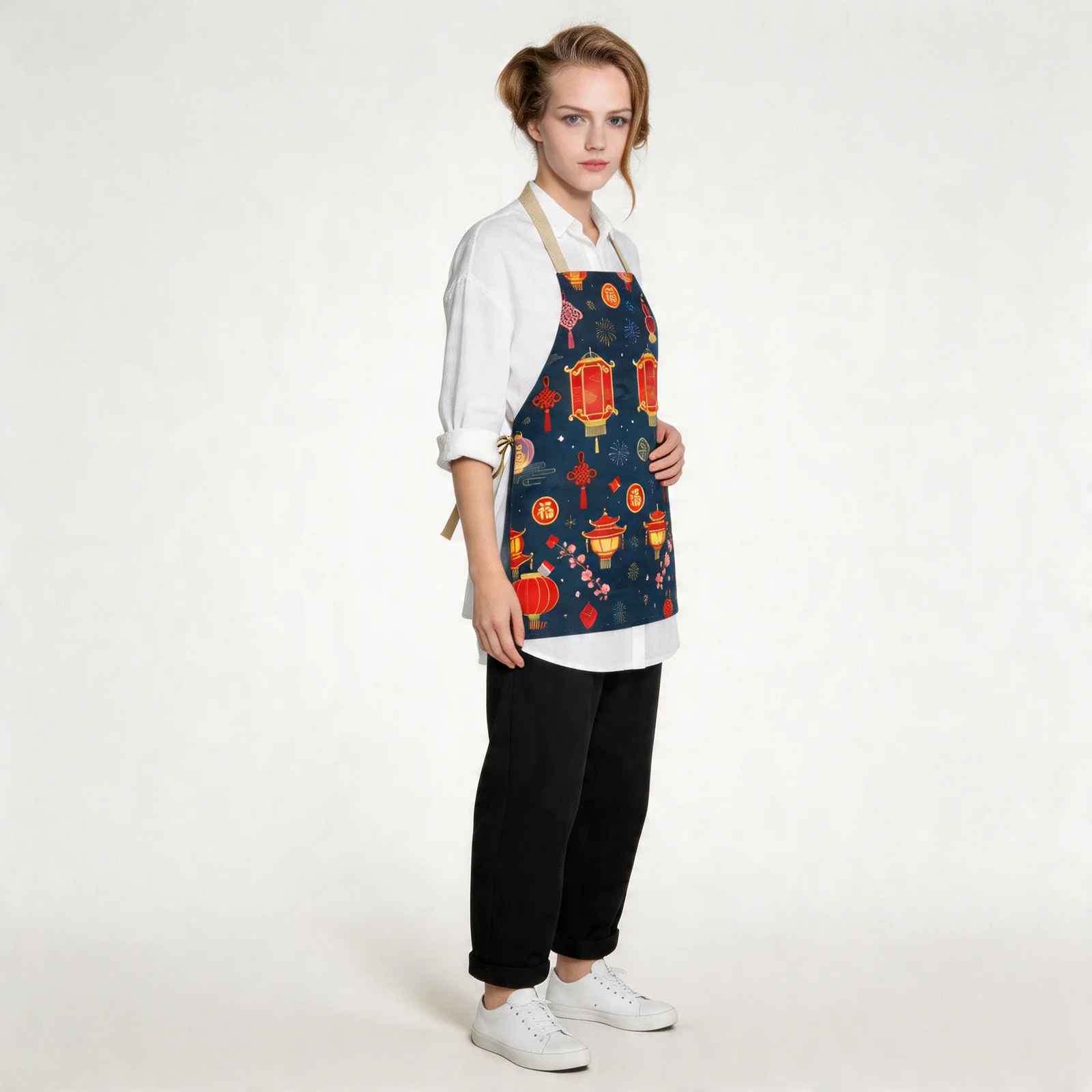 Festive Lunar Lanterns All-Over Print Apron — worn by model