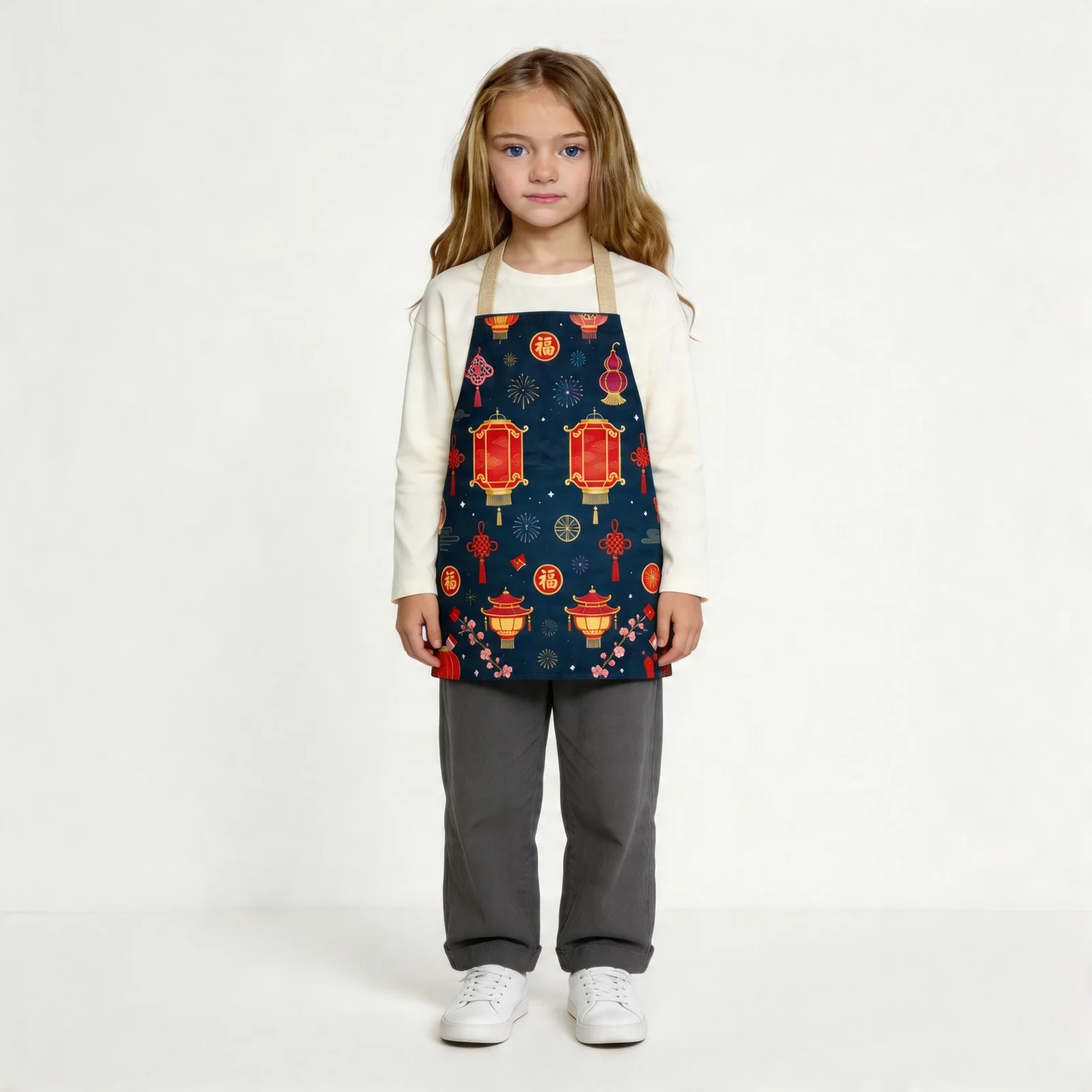 Festive Lunar Lanterns All-Over Print Apron — worn by young model