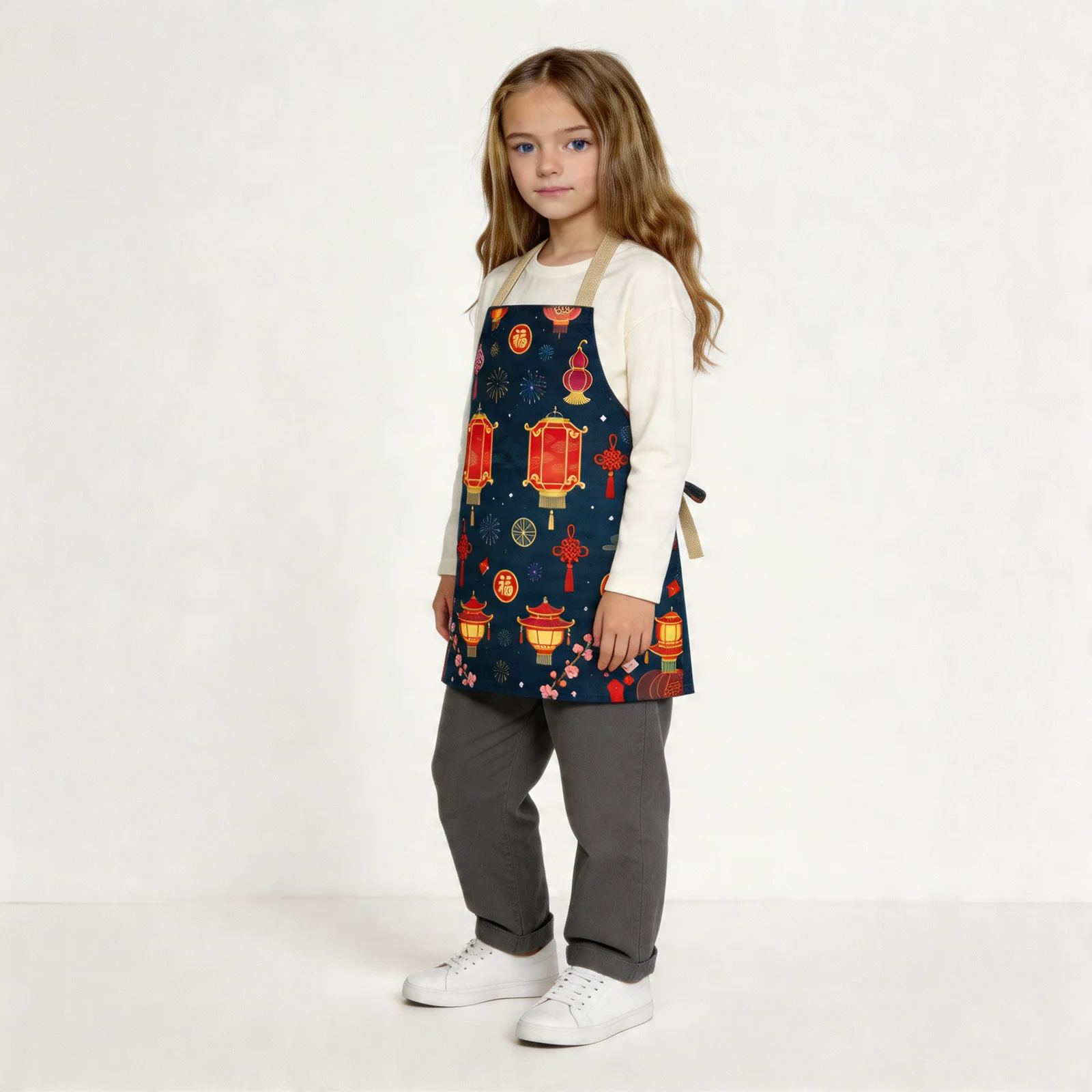 Festive Lunar Lanterns All-Over Print Apron — worn by young model