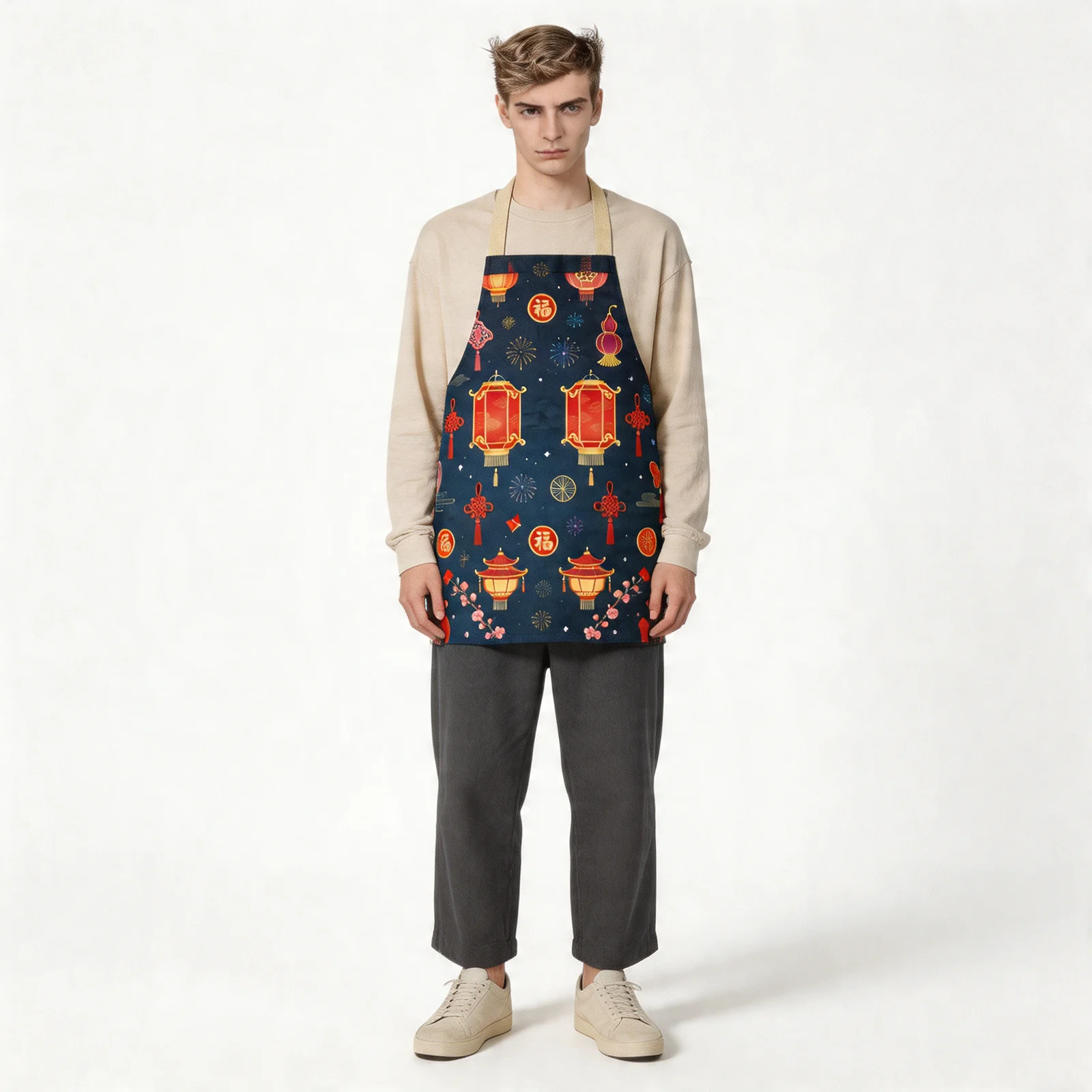 Festive Lunar Lanterns All-Over Print Apron — worn by model