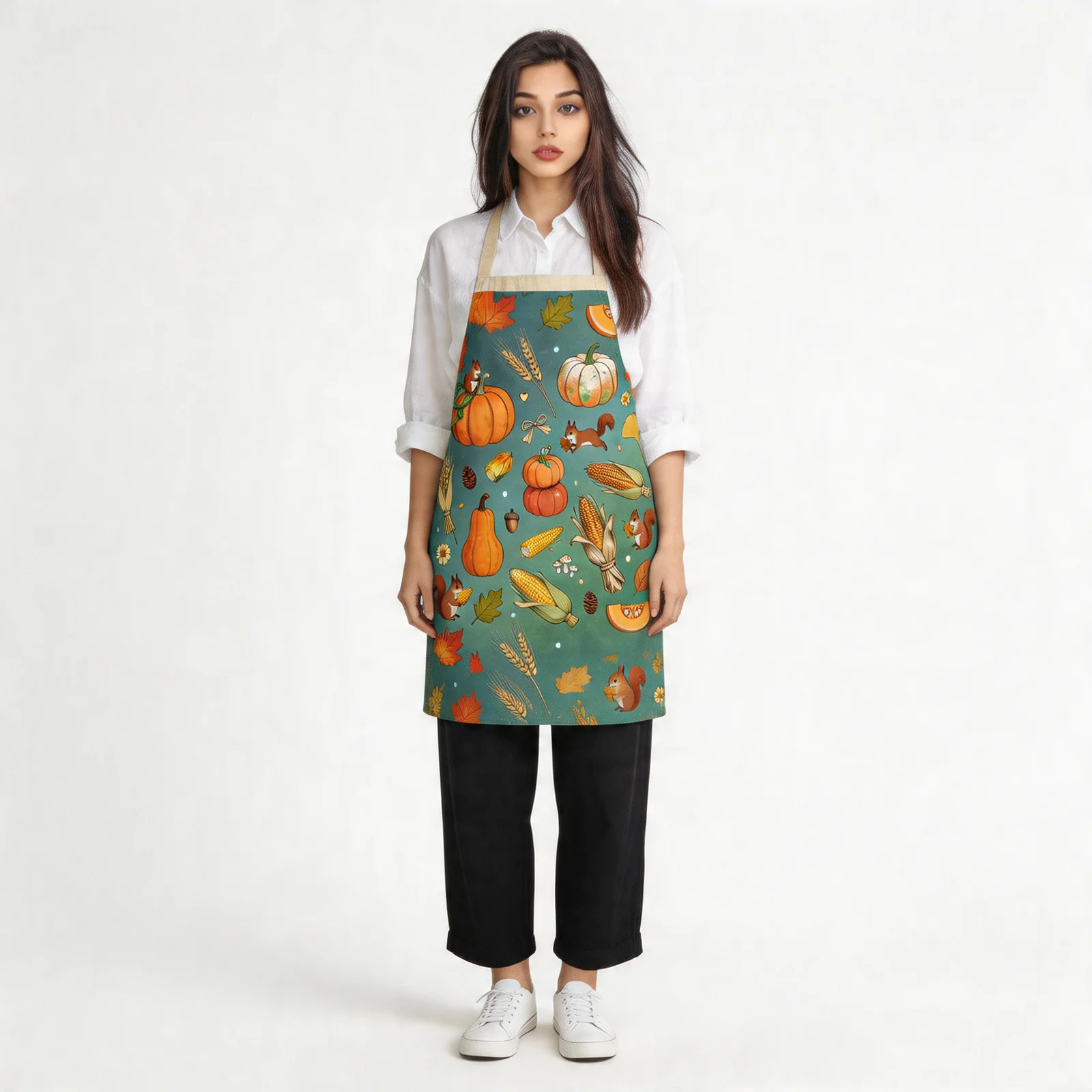 Harvest Pumpkin Patch All-Over Print Apron — worn by model
