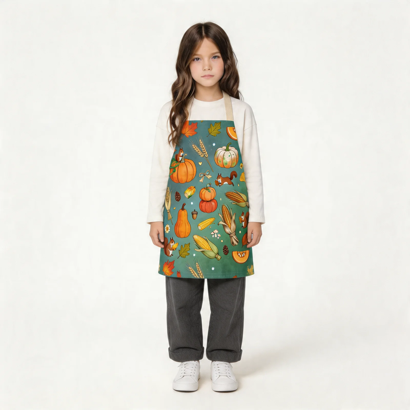 Harvest Pumpkin Patch All-Over Print Apron — worn by young model